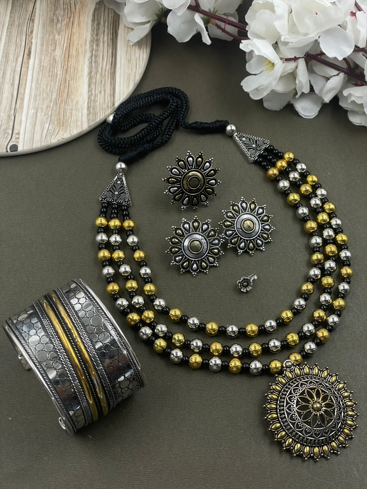 ROHINI 3 LINE DUAL TONE MALA PENDANT JEWELLERY SET COMBO