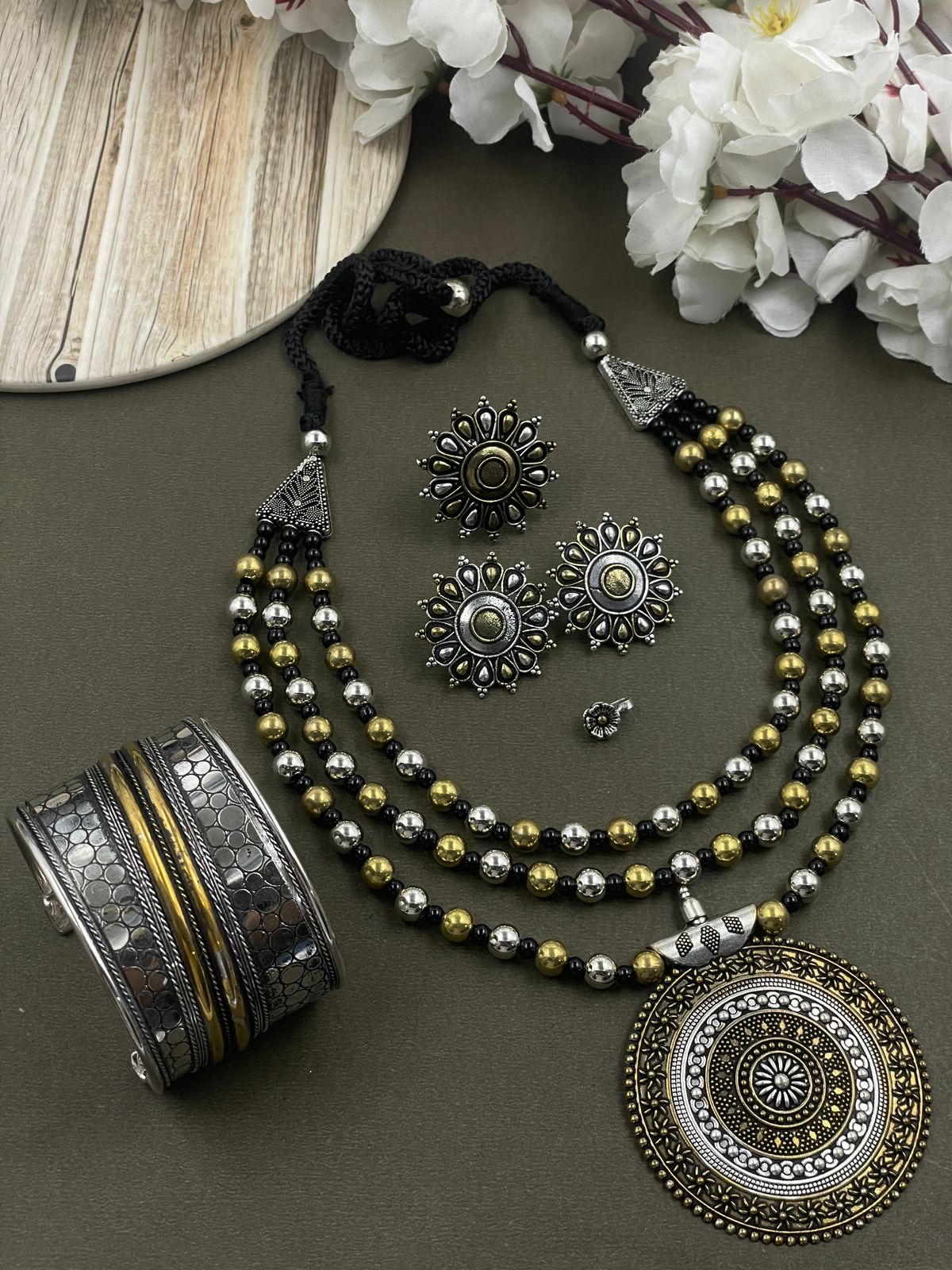 ROHINI 3 LINE DUAL TONE MALA PENDANT JEWELLERY SET COMBO