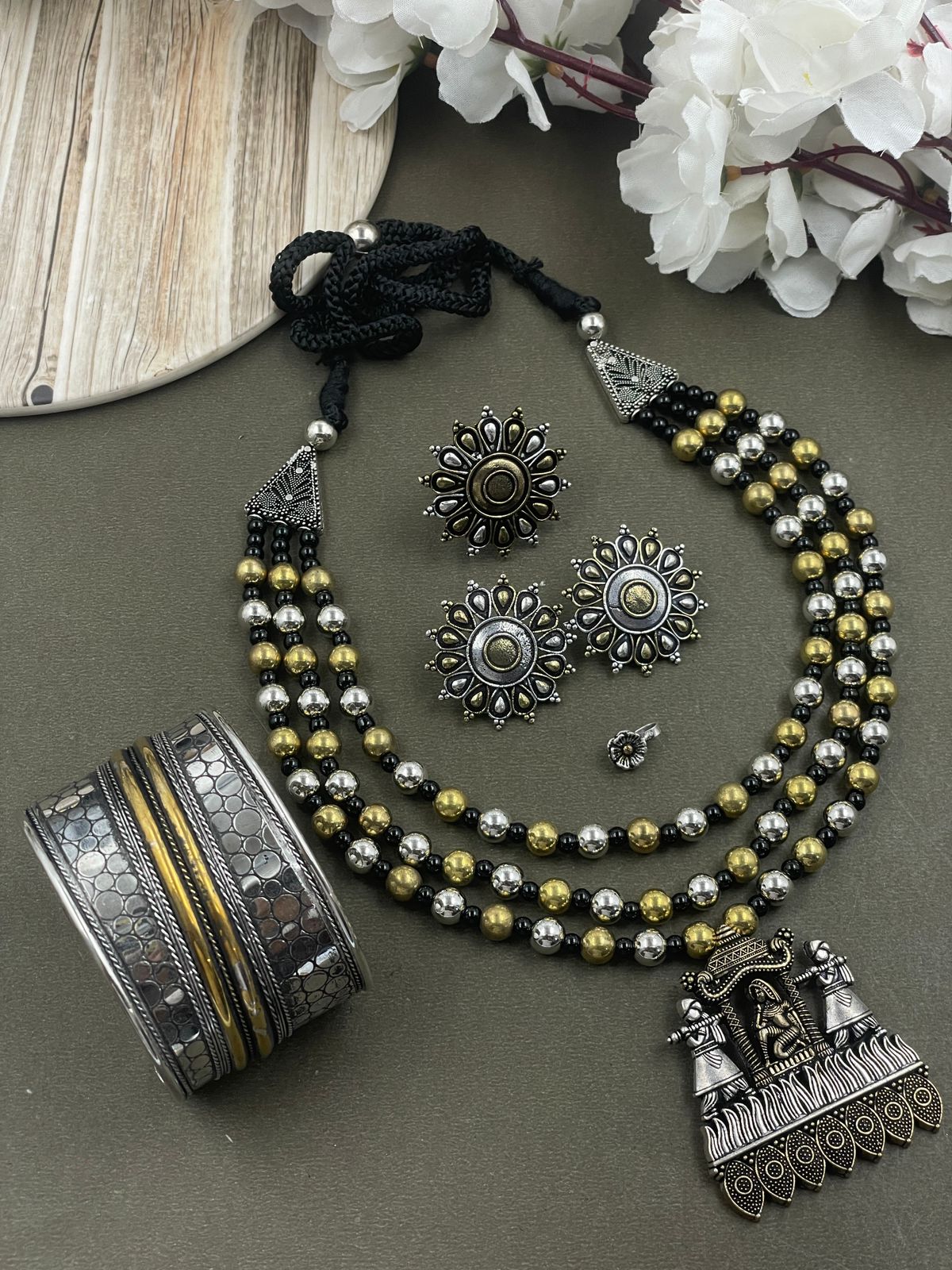 ROHINI 3 LINE DUAL TONE MALA PENDANT JEWELLERY SET COMBO