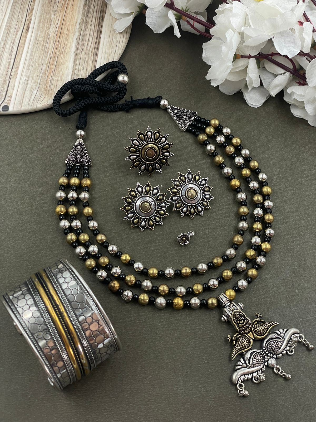 ROHINI 3 LINE DUAL TONE MALA PENDANT JEWELLERY SET COMBO