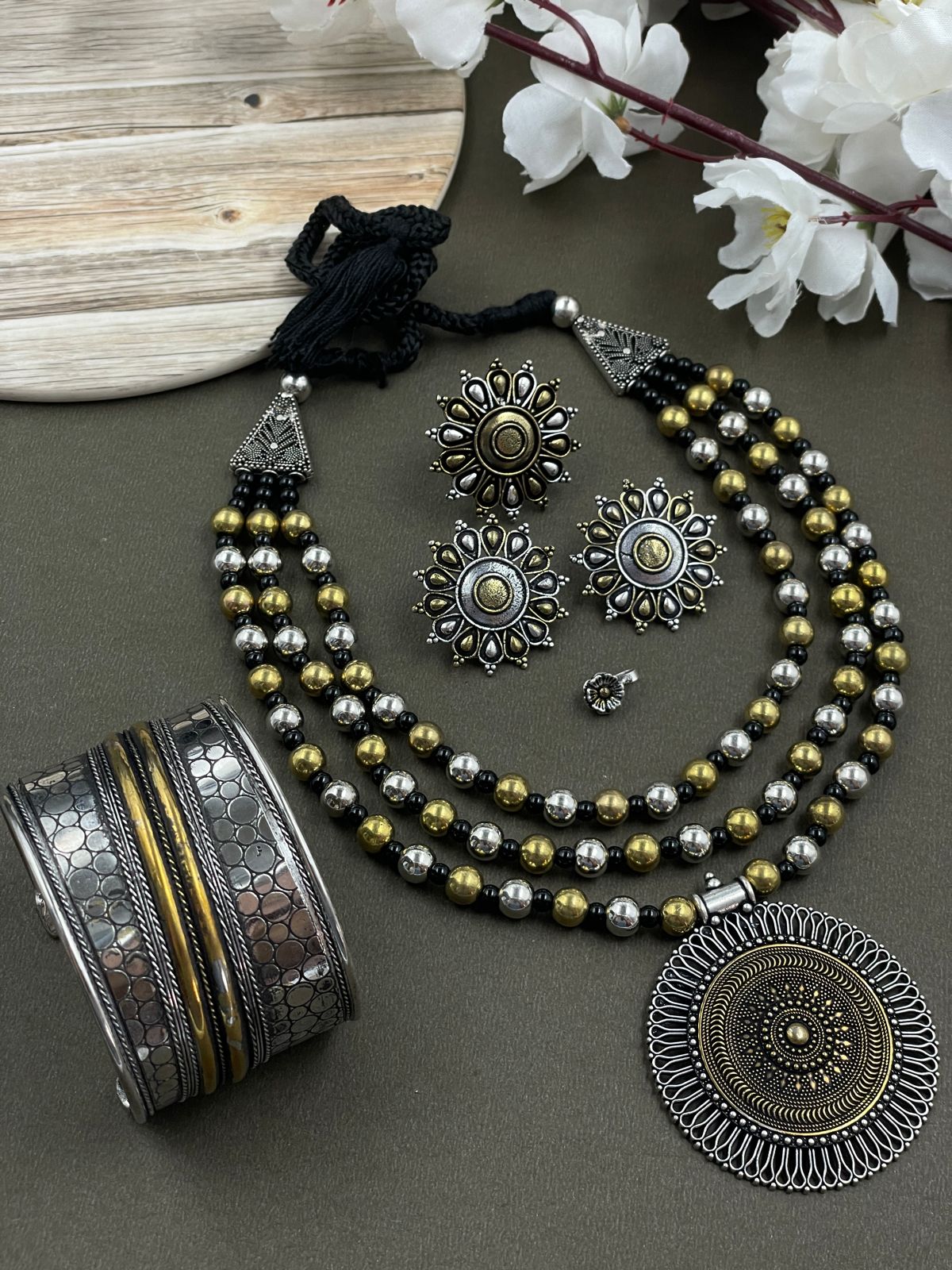 ROHINI 3 LINE DUAL TONE MALA PENDANT JEWELLERY SET COMBO