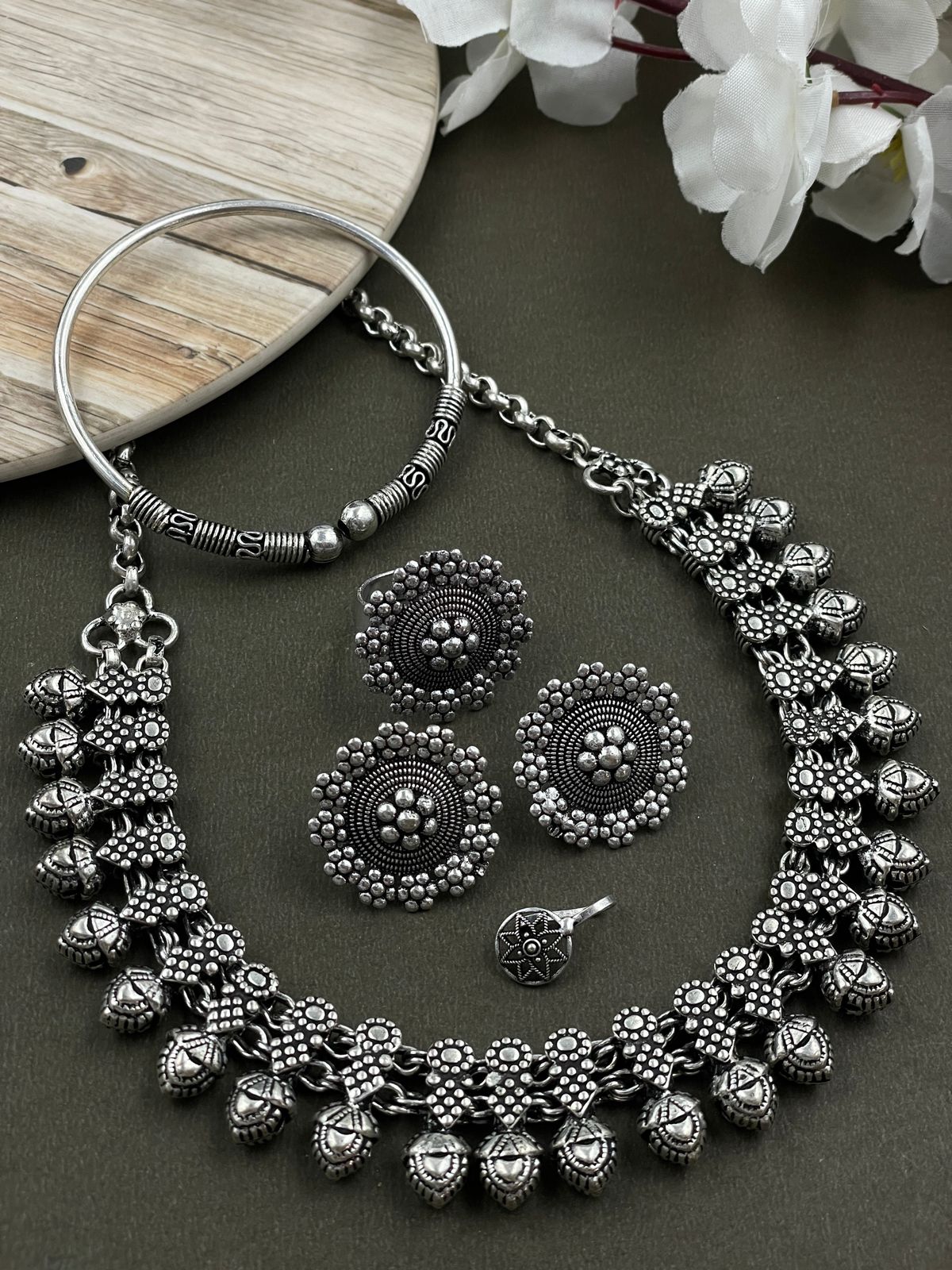 MOHINI DESIGNER SILVER OXIDISED CHOKER NECKLACE JEWELLERY SET COMBO