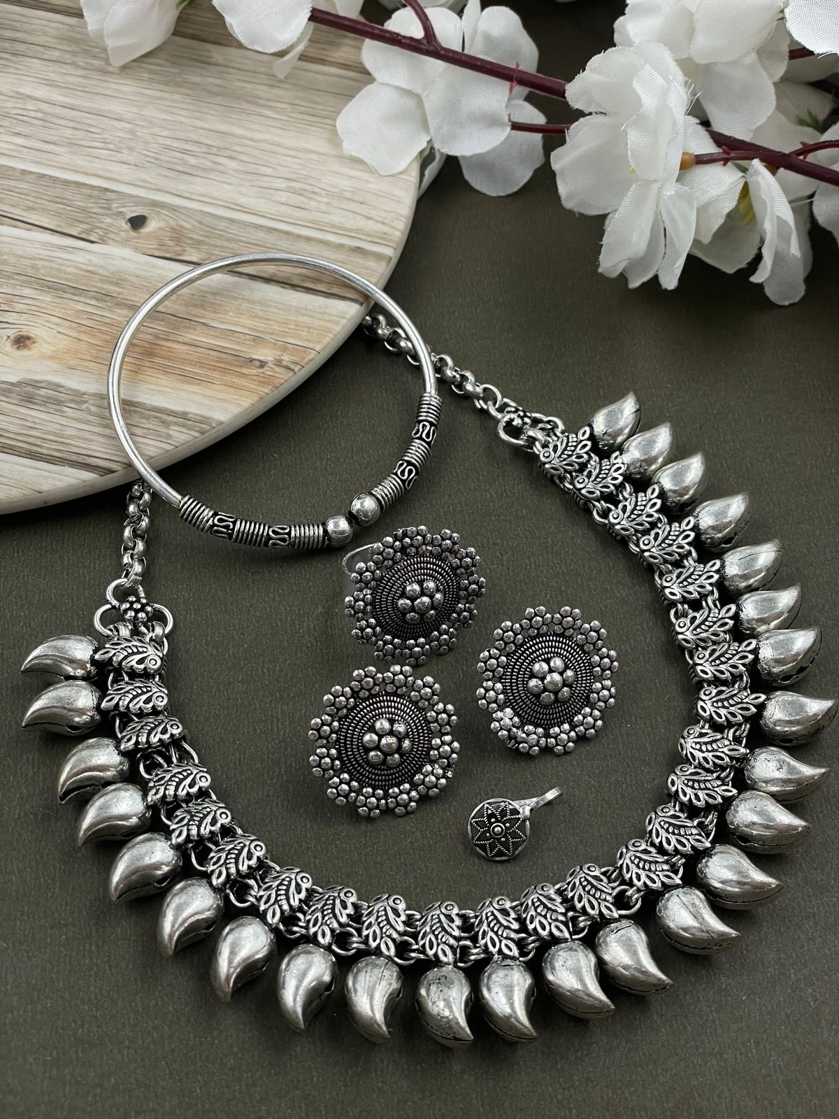 MOHINI DESIGNER SILVER OXIDISED CHOKER NECKLACE JEWELLERY SET COMBO