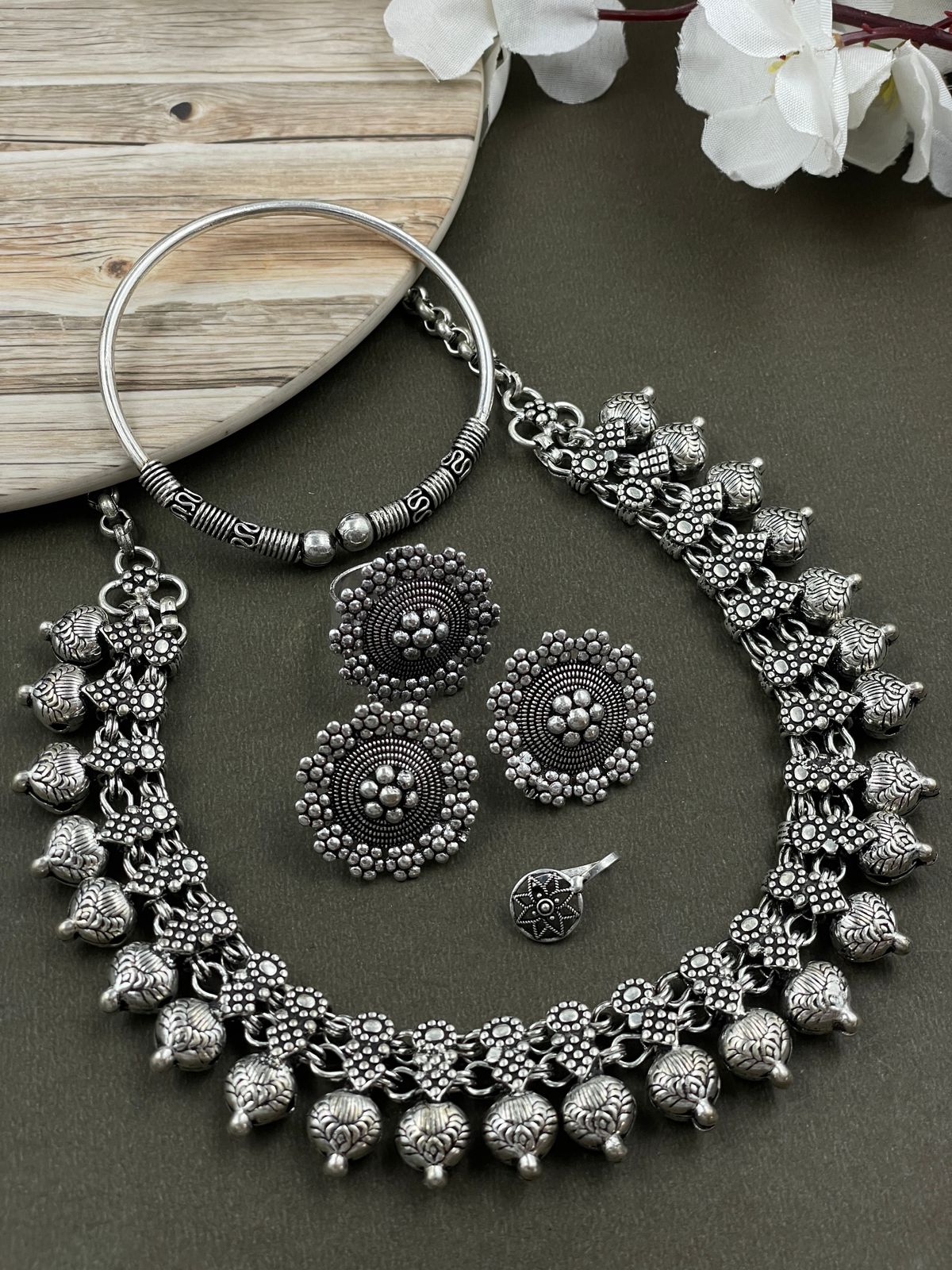 MOHINI DESIGNER SILVER OXIDISED CHOKER NECKLACE JEWELLERY SET COMBO