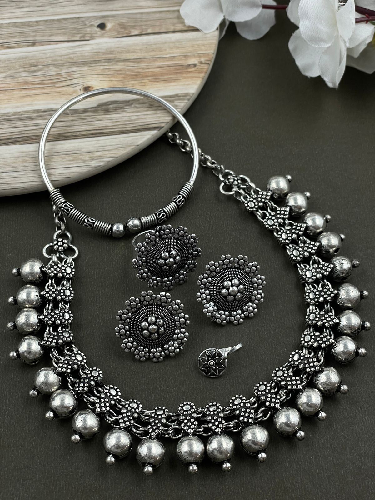 MOHINI DESIGNER SILVER OXIDISED CHOKER NECKLACE JEWELLERY SET COMBO