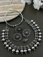 Load image into Gallery viewer, MOHINI DESIGNER SILVER OXIDISED CHOKER NECKLACE JEWELLERY SET COMBO