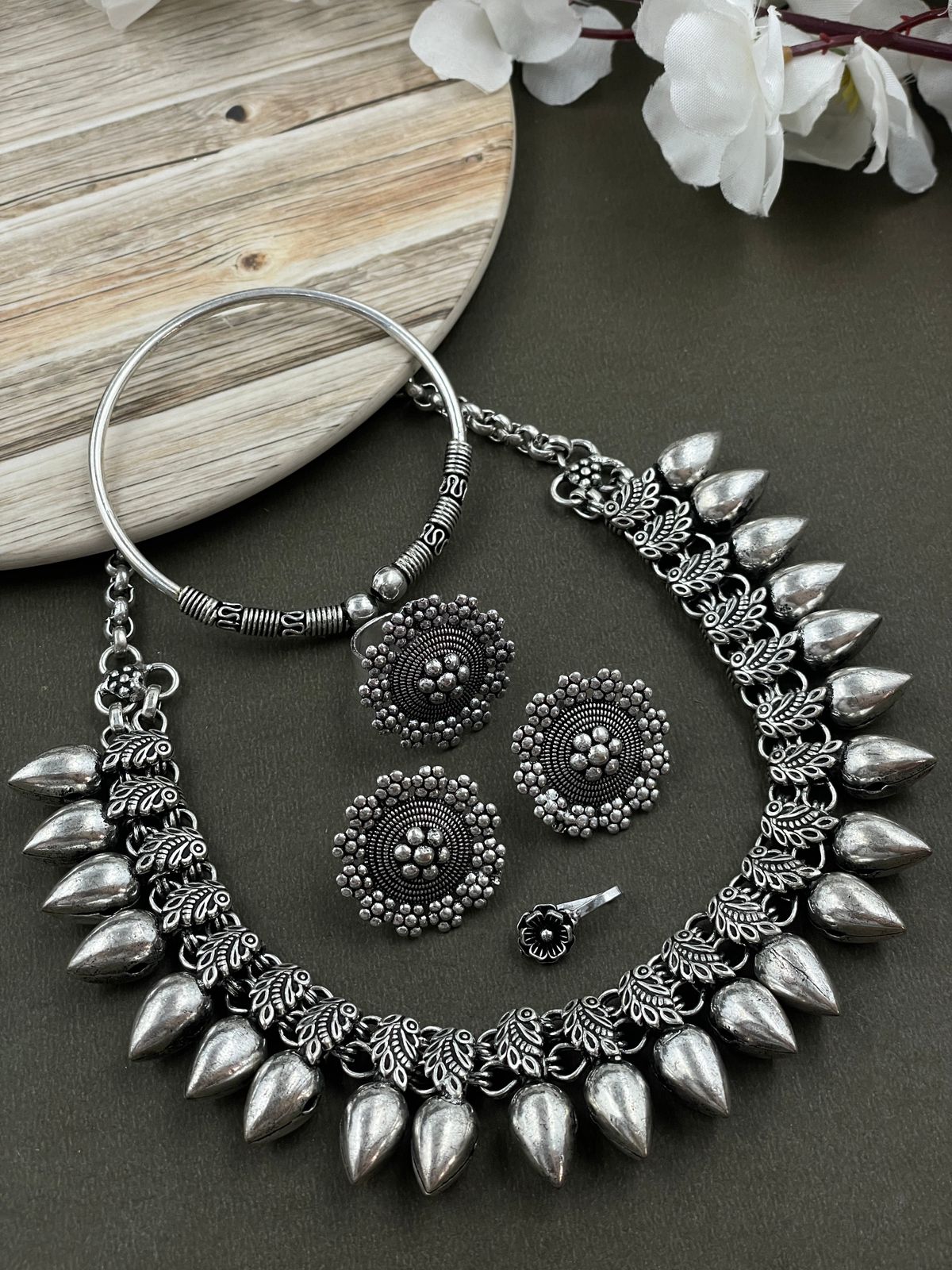 MOHINI DESIGNER SILVER OXIDISED CHOKER NECKLACE JEWELLERY SET COMBO