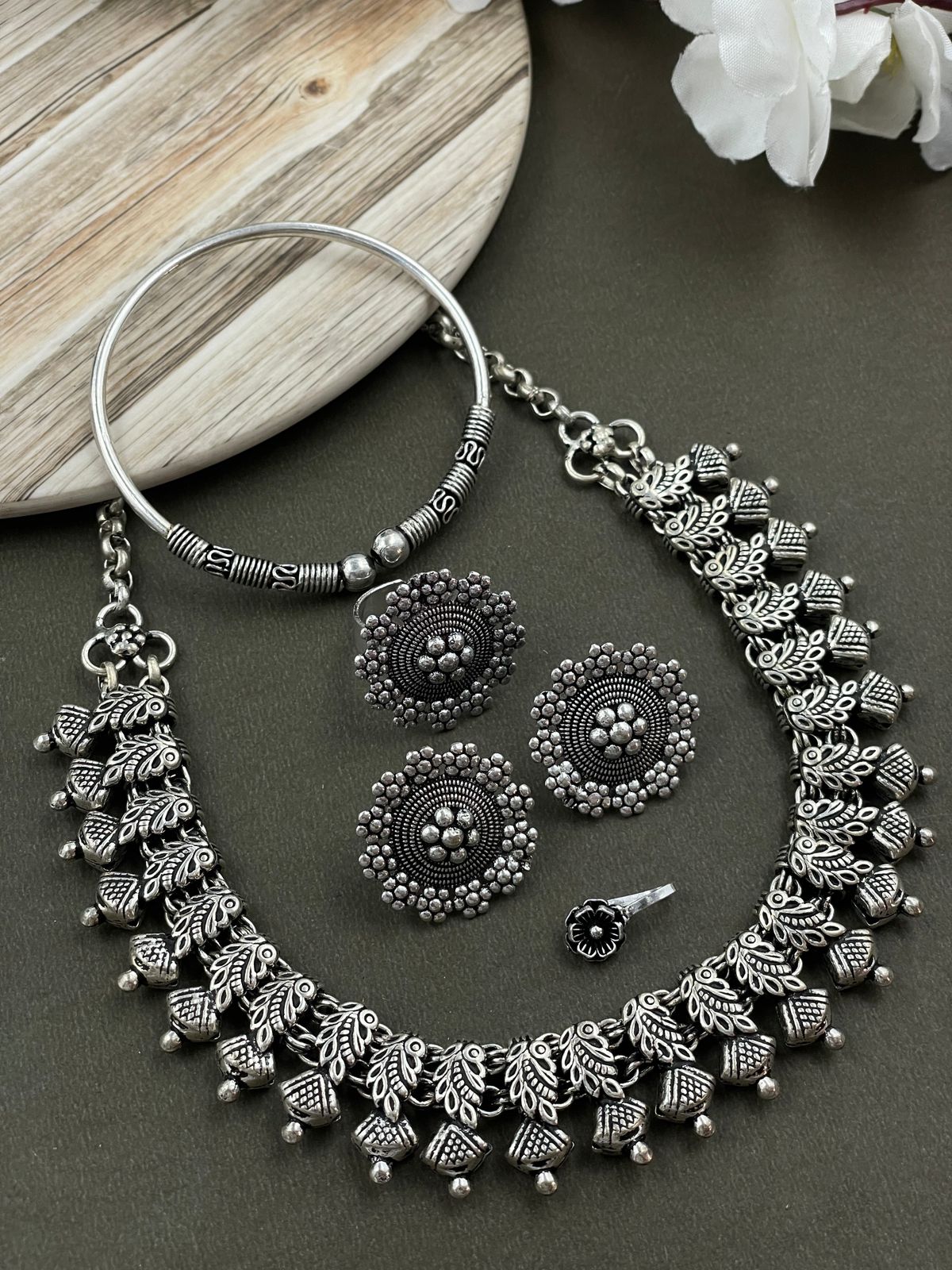 MOHINI DESIGNER SILVER OXIDISED CHOKER NECKLACE JEWELLERY SET COMBO