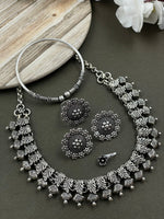Load image into Gallery viewer, MOHINI DESIGNER SILVER OXIDISED CHOKER NECKLACE JEWELLERY SET COMBO
