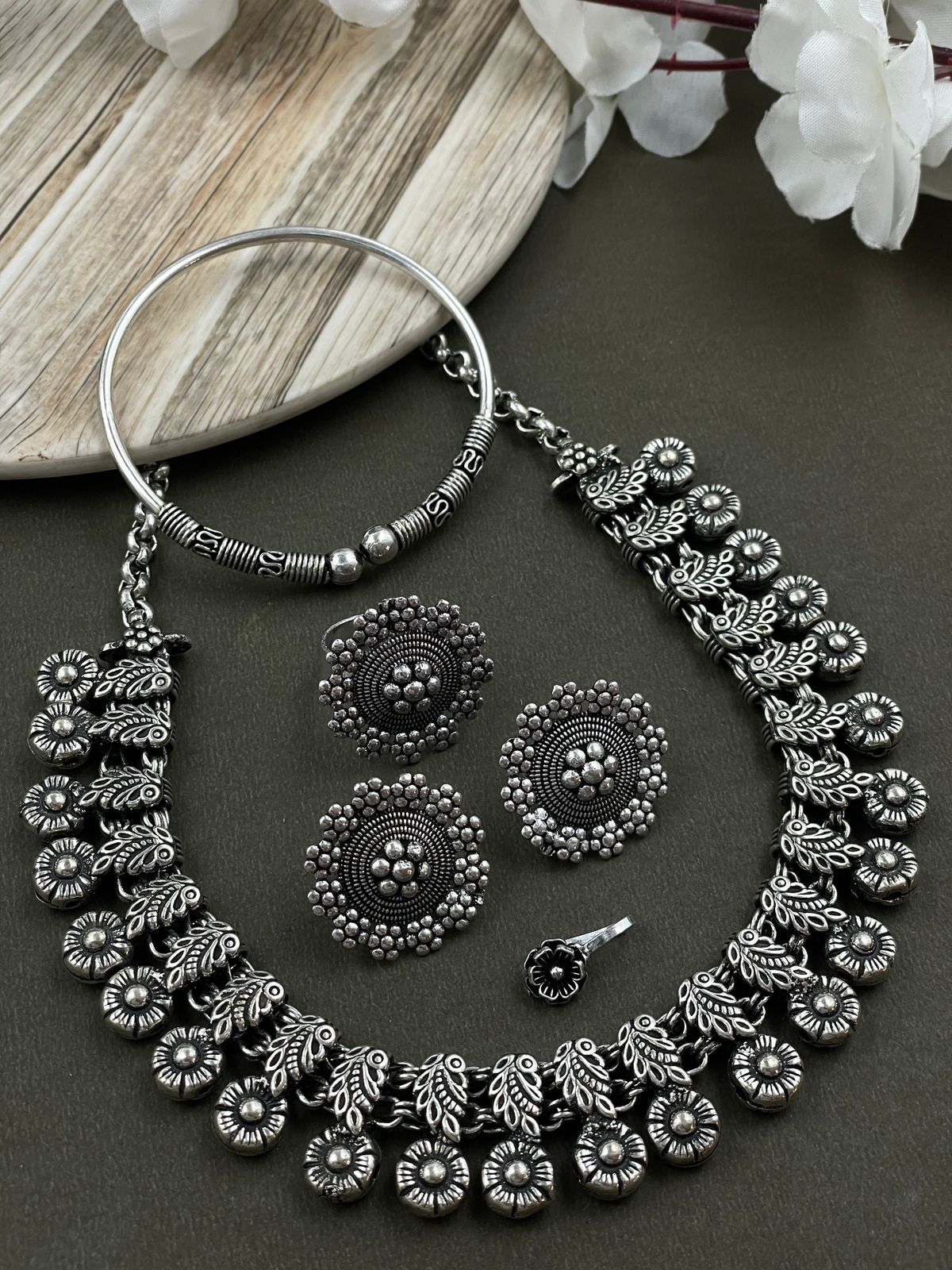 MOHINI DESIGNER SILVER OXIDISED CHOKER NECKLACE JEWELLERY SET COMBO