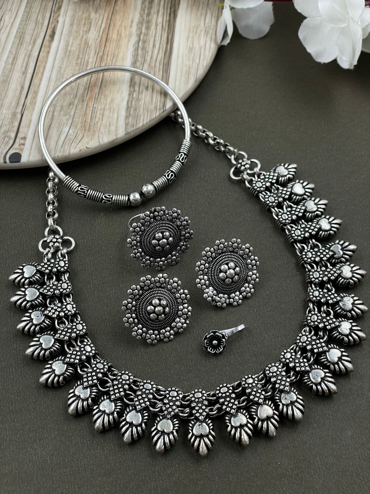 MOHINI DESIGNER SILVER OXIDISED CHOKER NECKLACE JEWELLERY SET COMBO