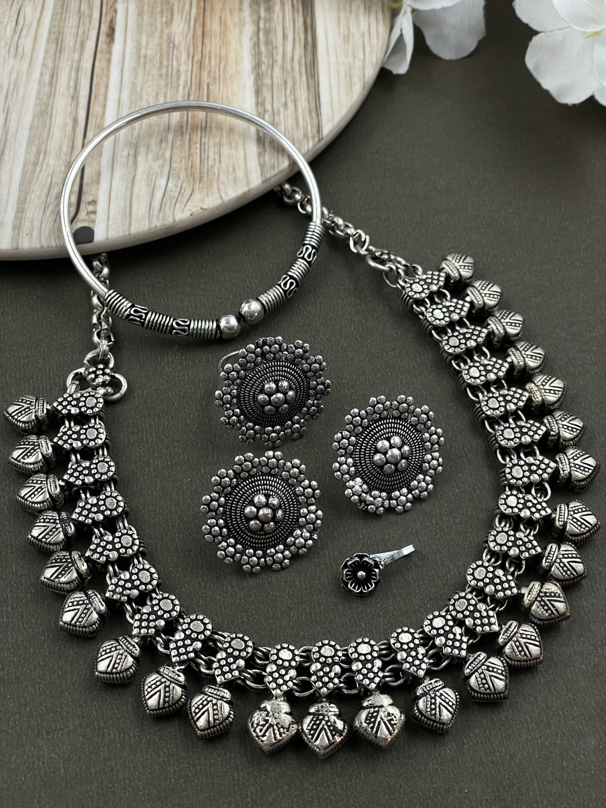 MOUNI SILVER OXIDISED CHOKER NECKLACE JEWELLERY SET COMBO