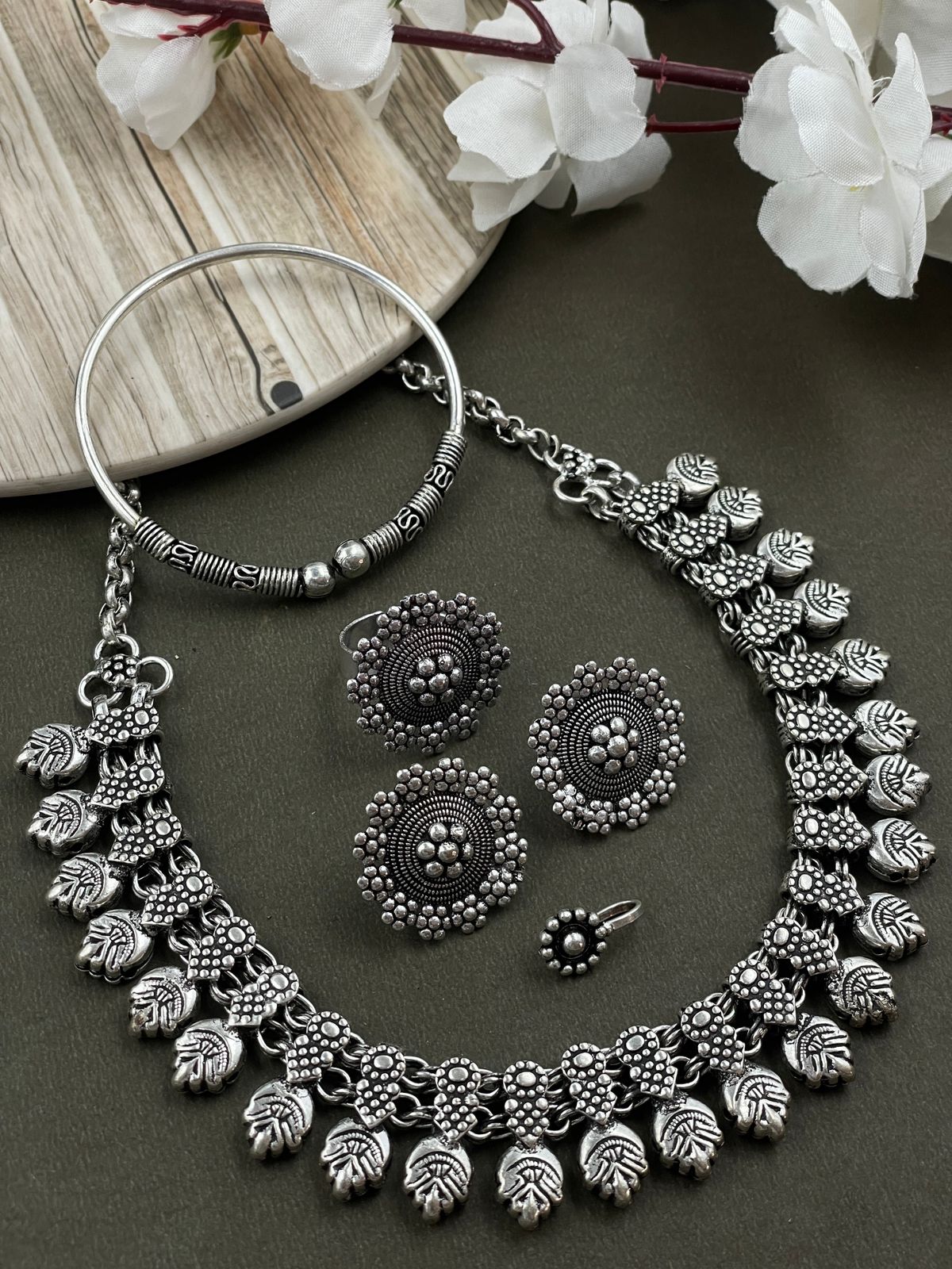 MOUNI SILVER OXIDISED CHOKER NECKLACE JEWELLERY SET COMBO