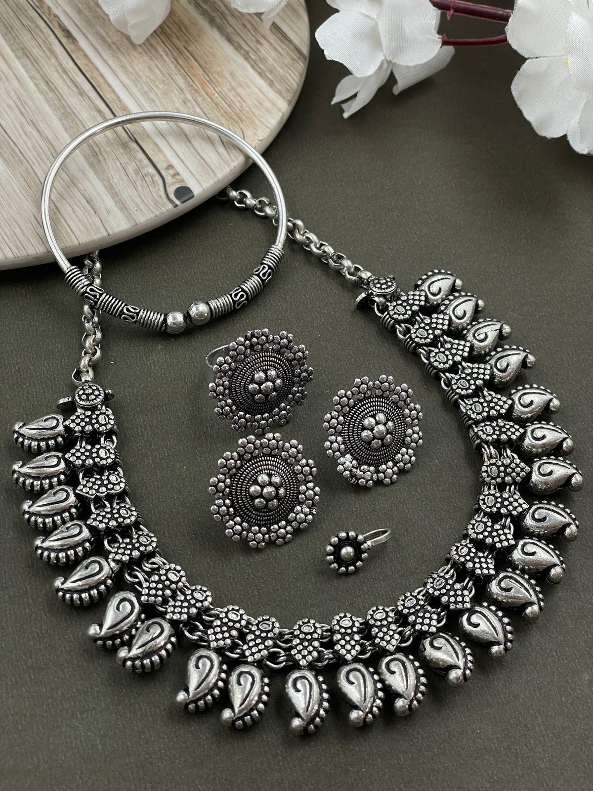 MOUNI SILVER OXIDISED CHOKER NECKLACE JEWELLERY SET COMBO