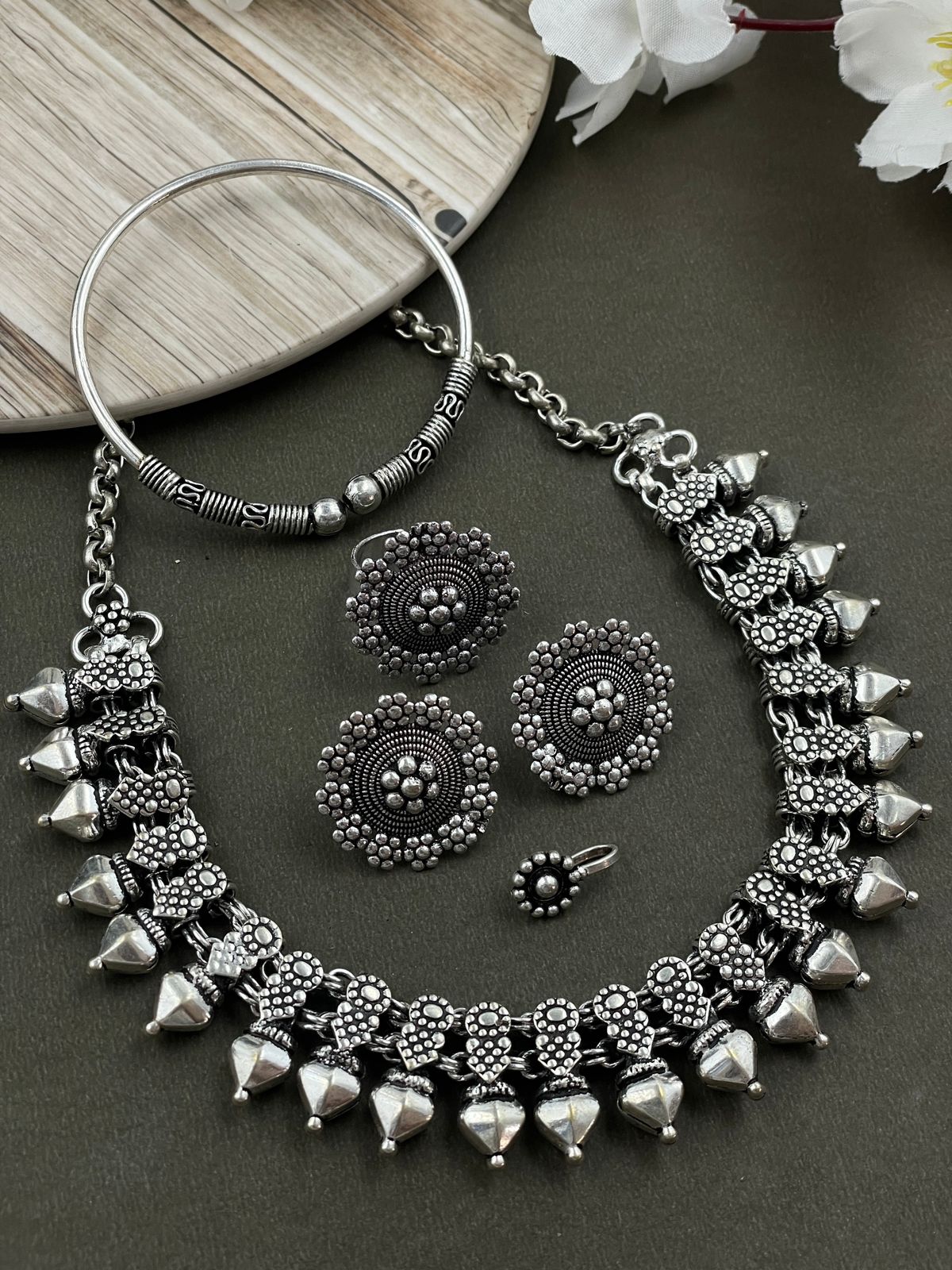 MOUNI SILVER OXIDISED CHOKER NECKLACE JEWELLERY SET COMBO