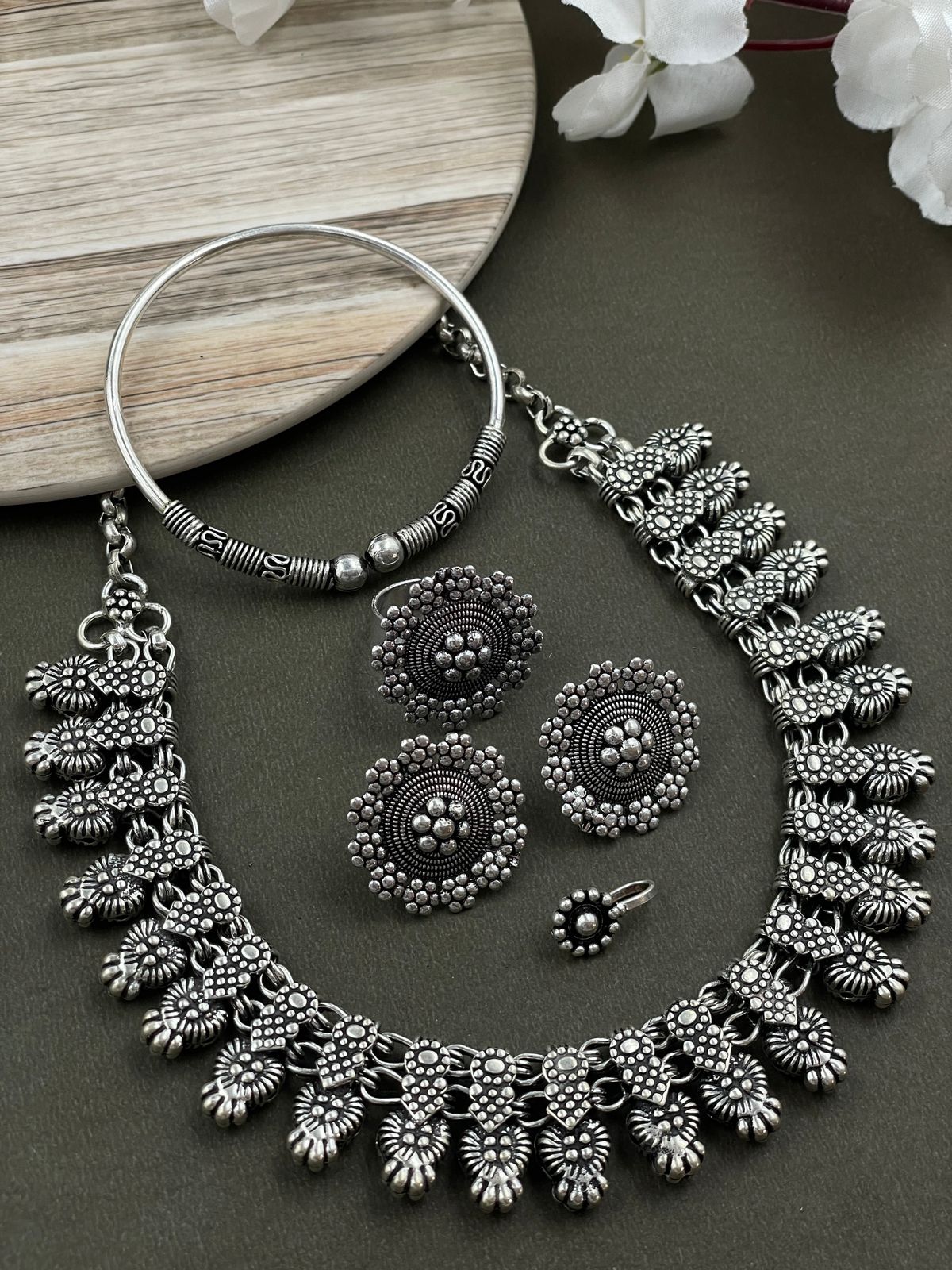 MOUNI SILVER OXIDISED CHOKER NECKLACE JEWELLERY SET COMBO