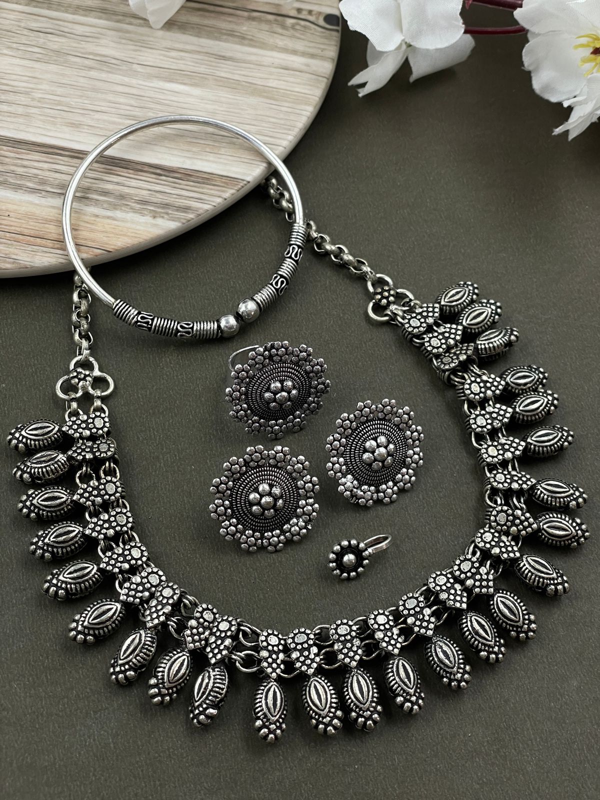 MOUNI SILVER OXIDISED CHOKER NECKLACE JEWELLERY SET COMBO