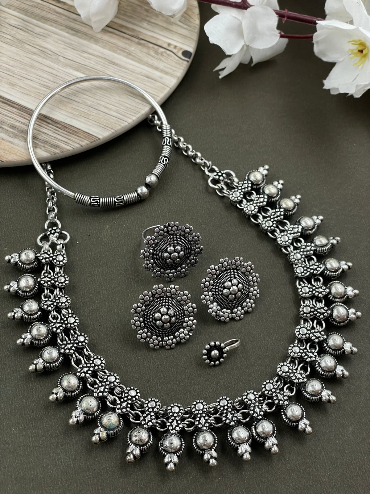 MOUNI SILVER OXIDISED CHOKER NECKLACE JEWELLERY SET COMBO