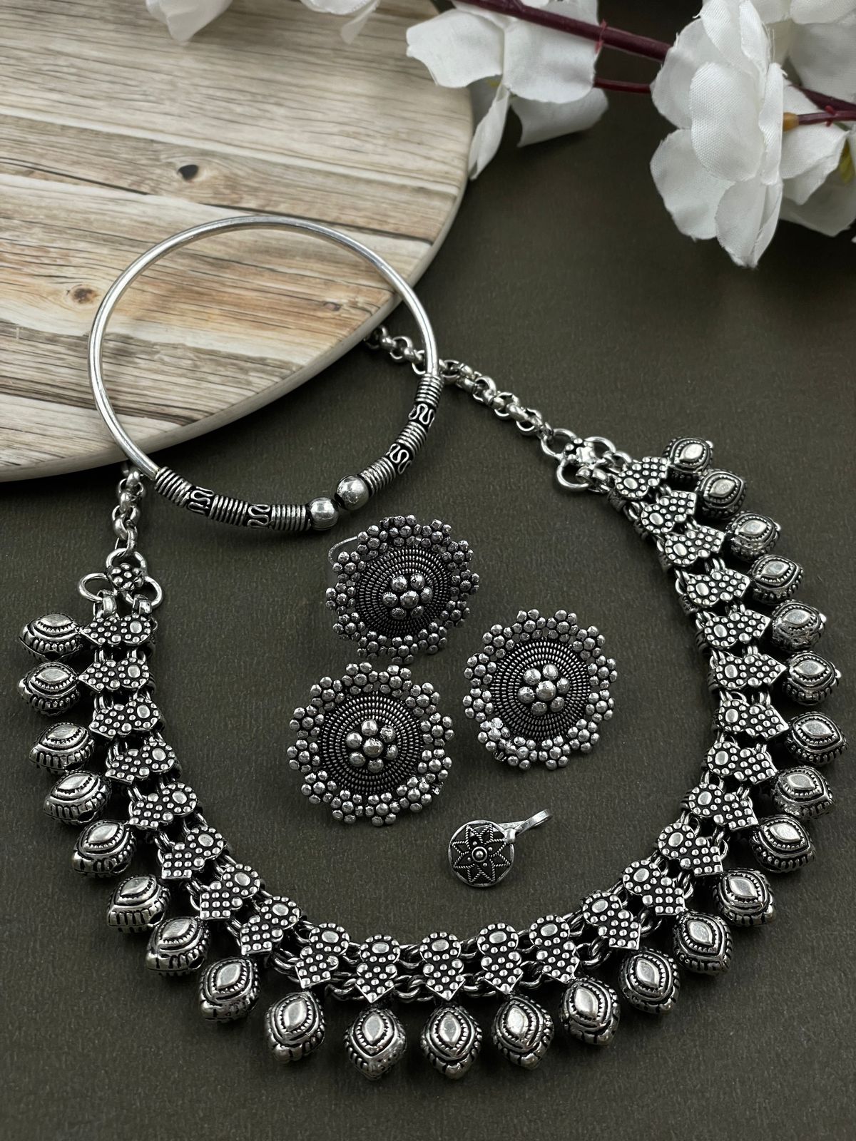 MOUNI SILVER OXIDISED CHOKER NECKLACE JEWELLERY SET COMBO