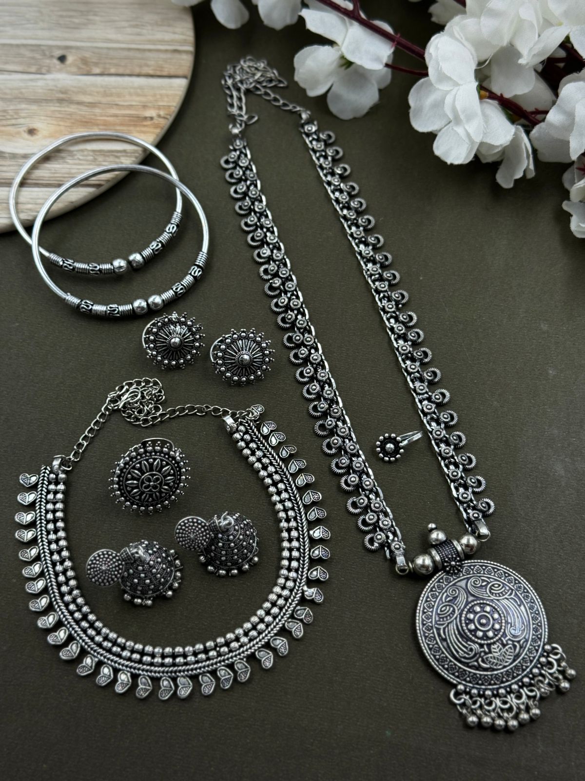 7 PIECE SILVER OXIDISED JEWELLERY SET COMBO