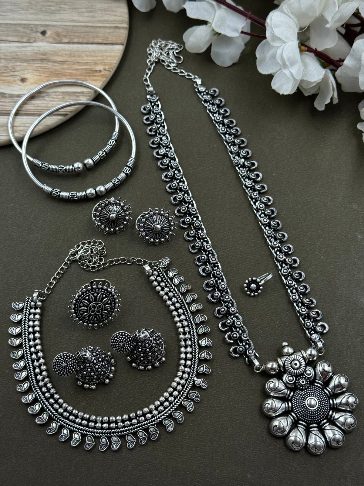 7 PIECE SILVER OXIDISED JEWELLERY SET COMBO