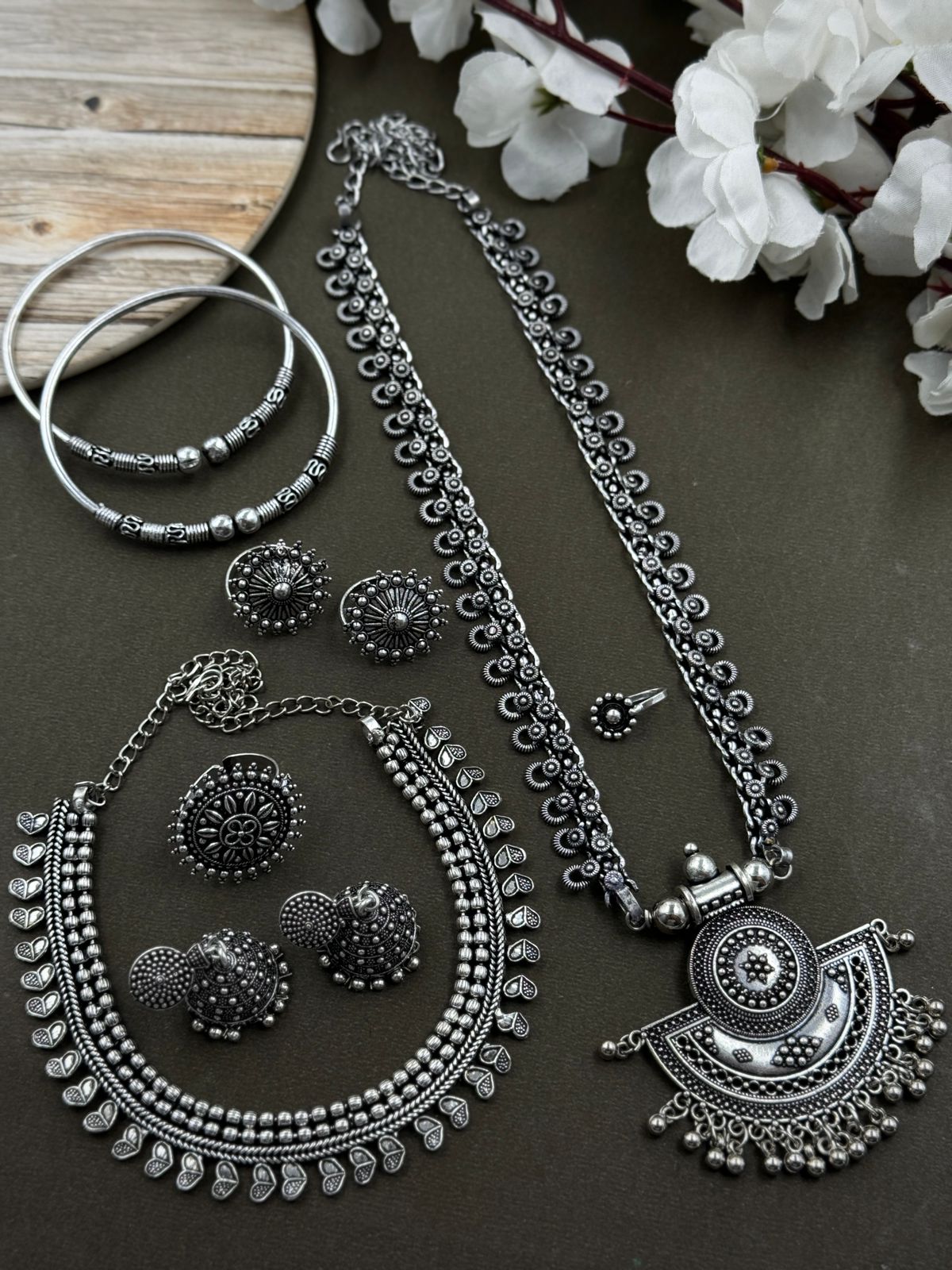 7 PIECE SILVER OXIDISED JEWELLERY SET COMBO