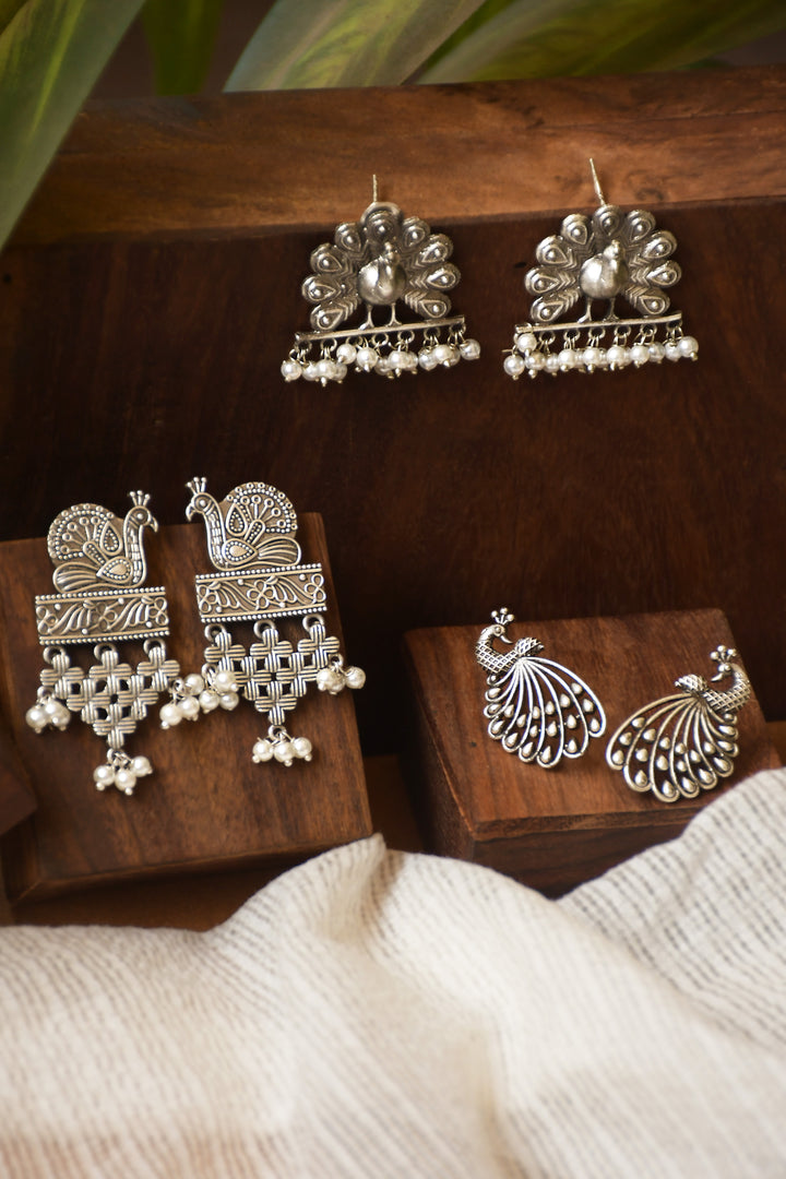 Peacock Silver Lookalike 3 Earrings Combo