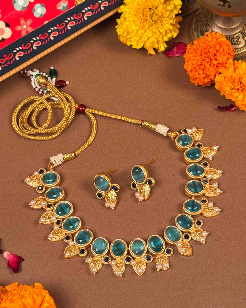 Turquoise stone necklace set from golden Rakshabandhan hamper - Naman Arts
