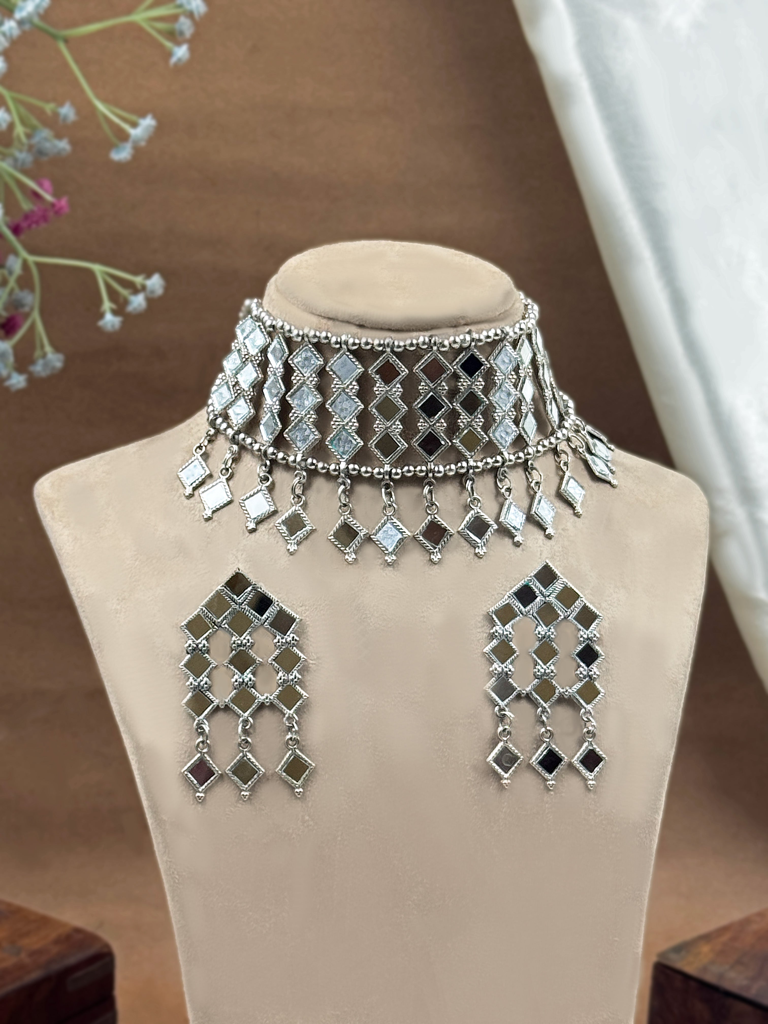 Oxidised Mirror Necklace Set