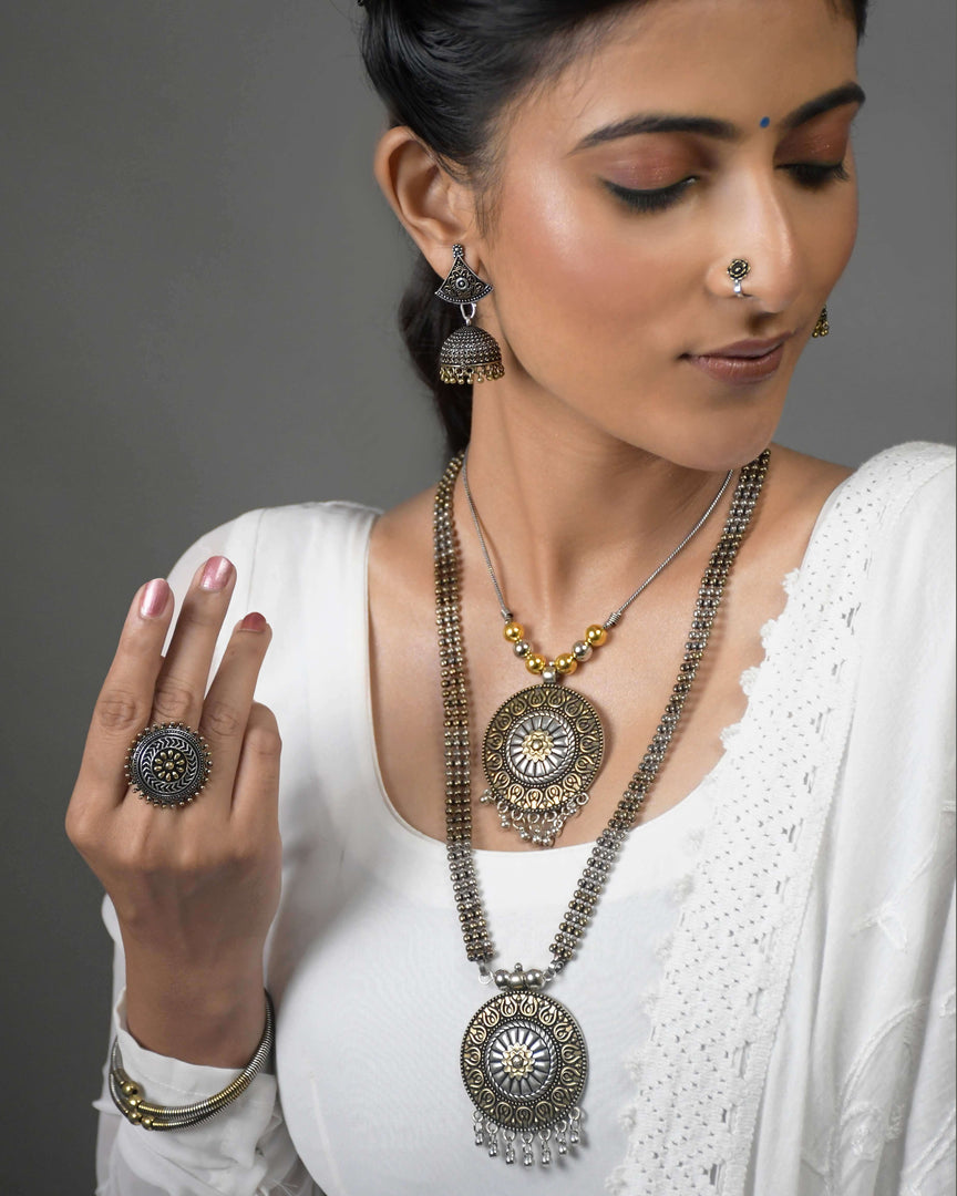 2-TONE DOUBLE NECKLACE JEWELLERY SET COMBO