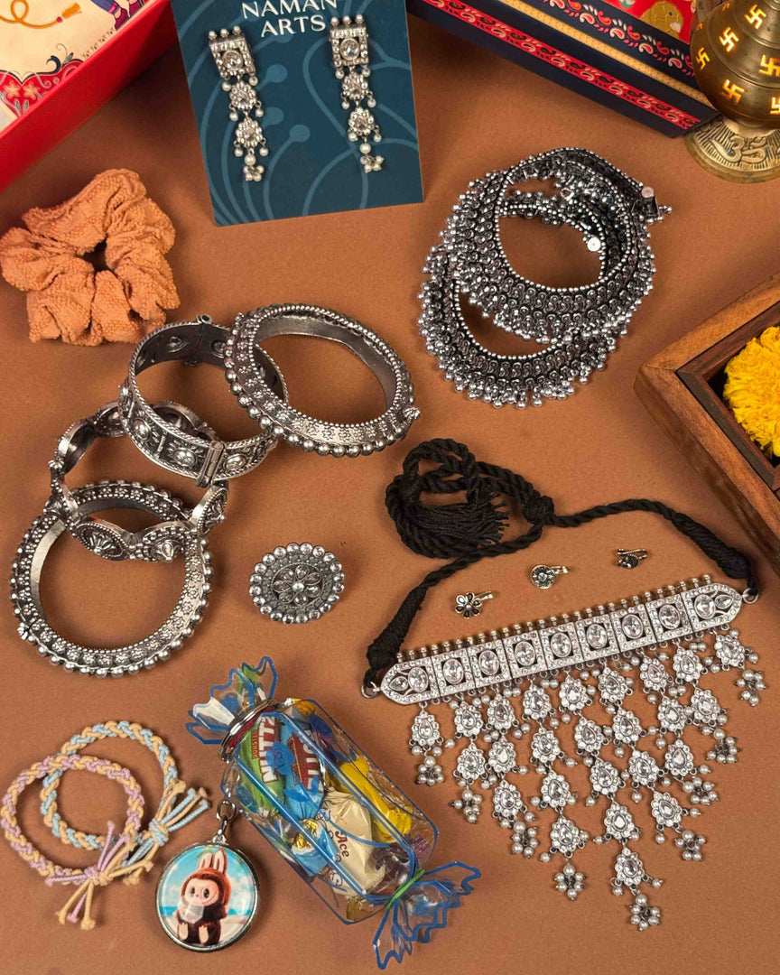 Rakshabandhan gift hamper Silver edition with oxidised choker necklace set - Naman Arts