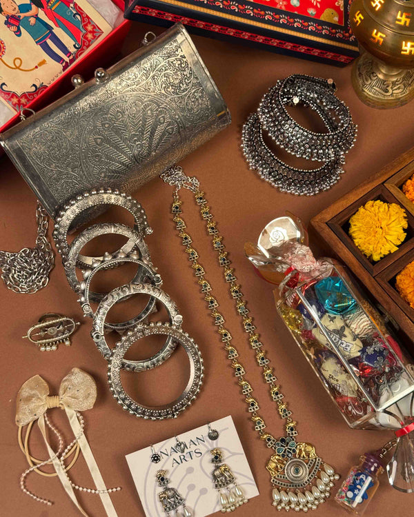 Premium Rakshabandhan gift hamper with oxidised clutch, necklace set and bangle stack - Naman Arts