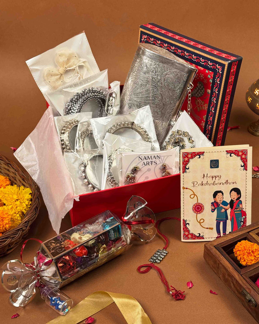 Premium Rakshabandhan hamper full contents flatlay - Naman Arts