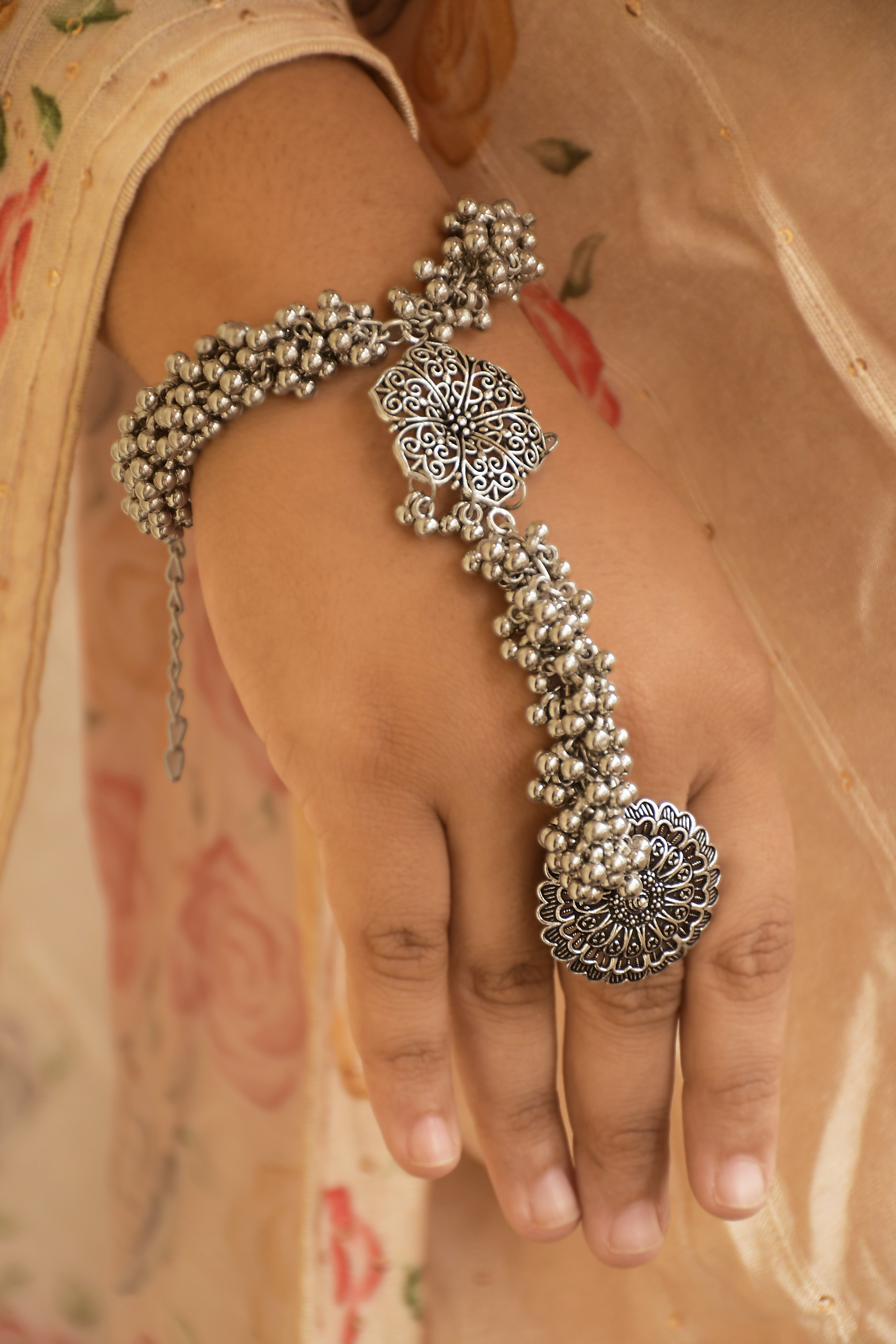 DHVANI OXIDISED SILVER GHUNGROO FINGER RING BRACELET KADA