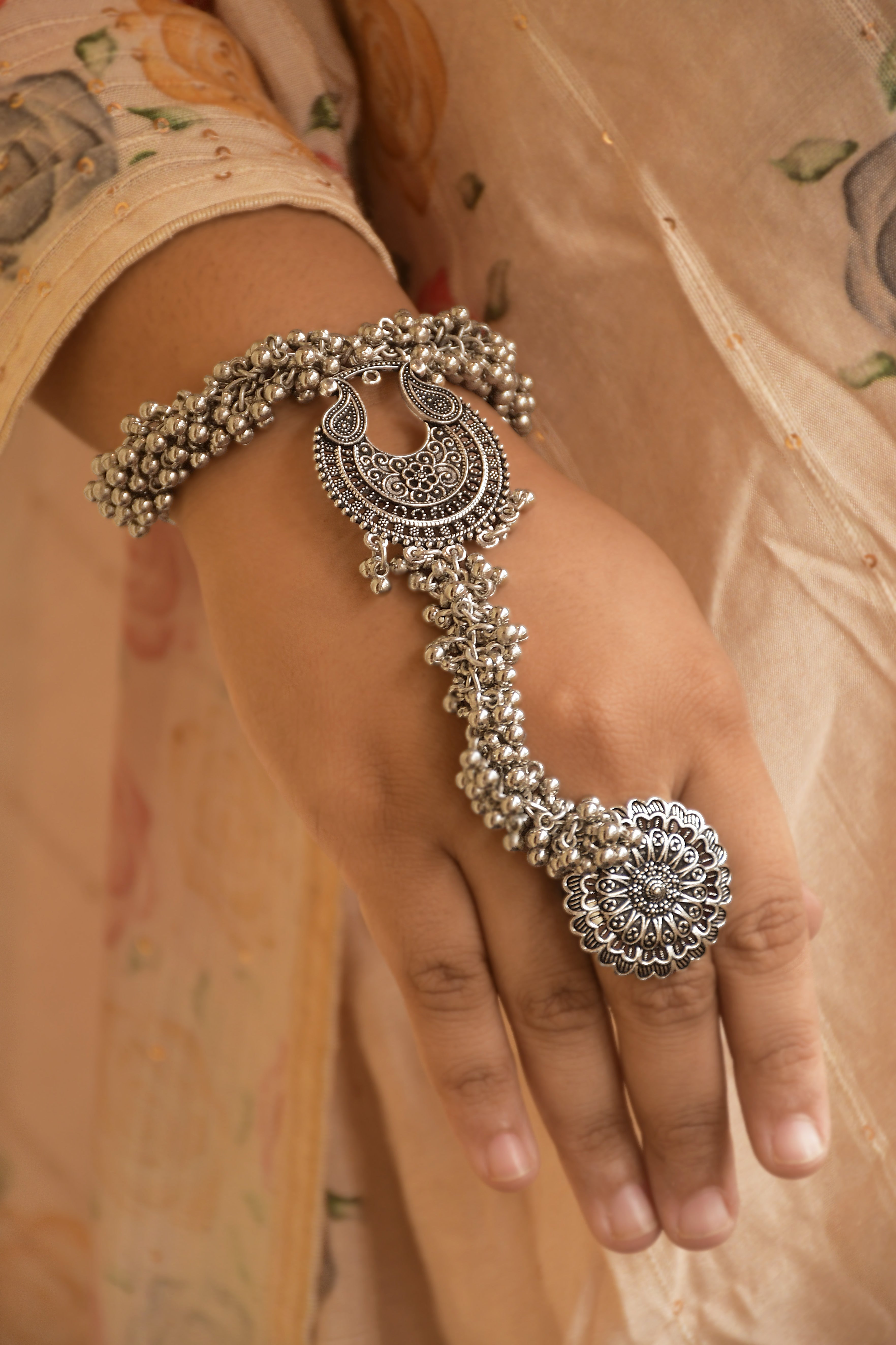 RUCHI OXIDISED SILVER GHUNGROO FINGER RING BRACELET KADA