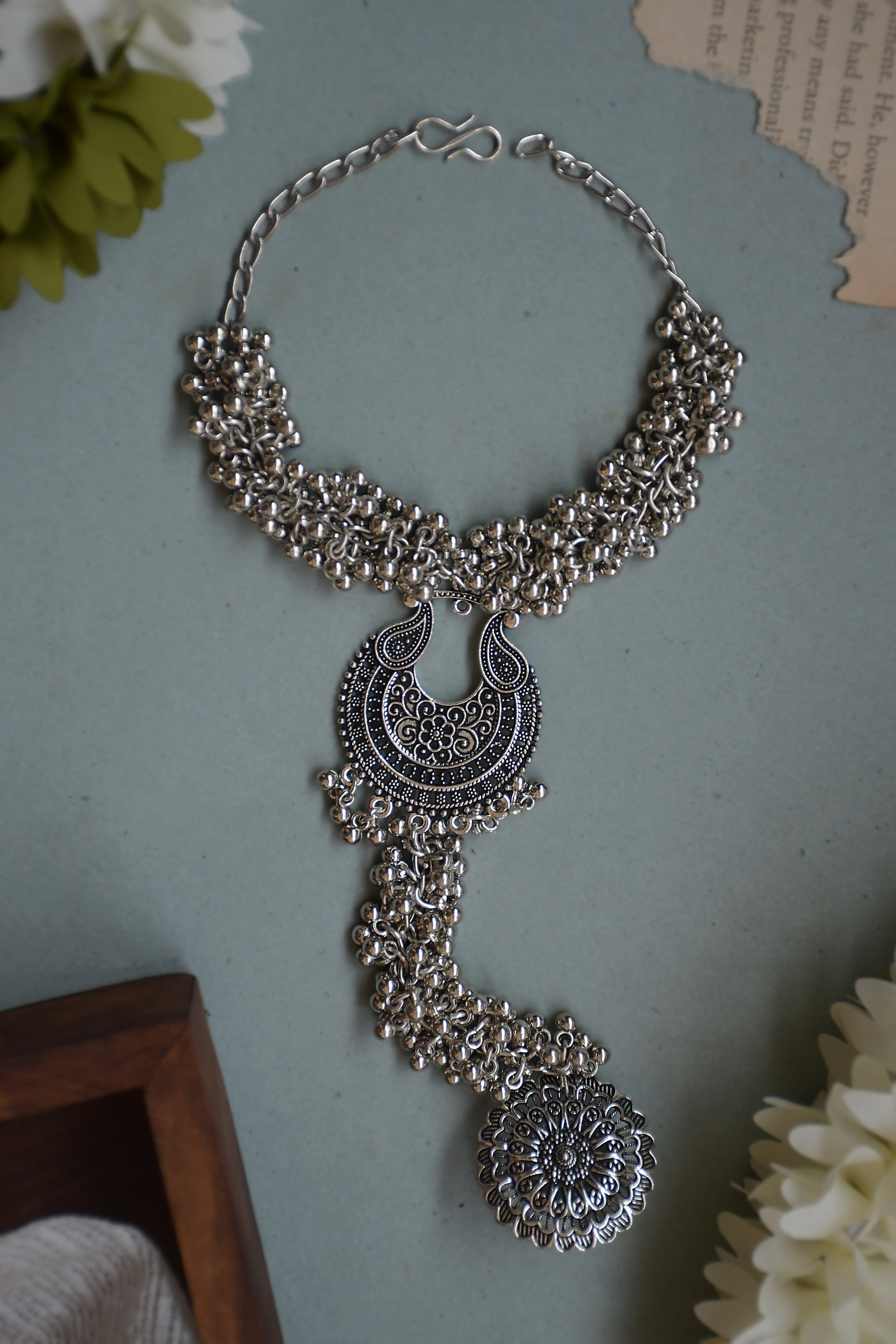 RUCHI OXIDISED SILVER GHUNGROO FINGER RING BRACELET KADA