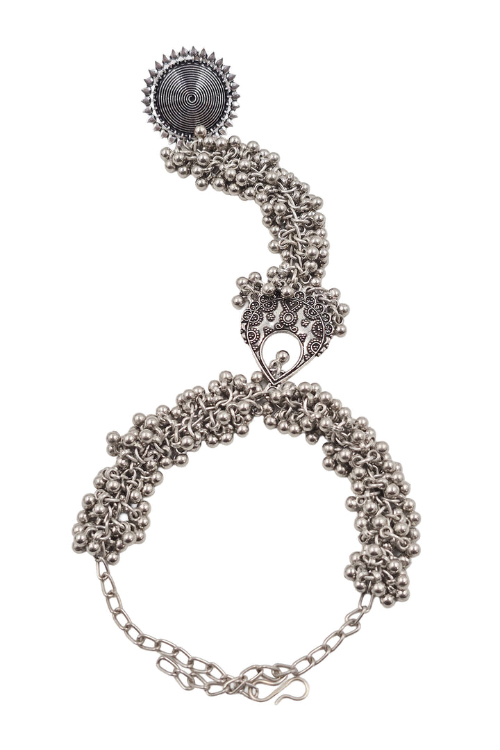 Sanika Oxidised Silver Ghungroo Finger Ring Bracelet Kada