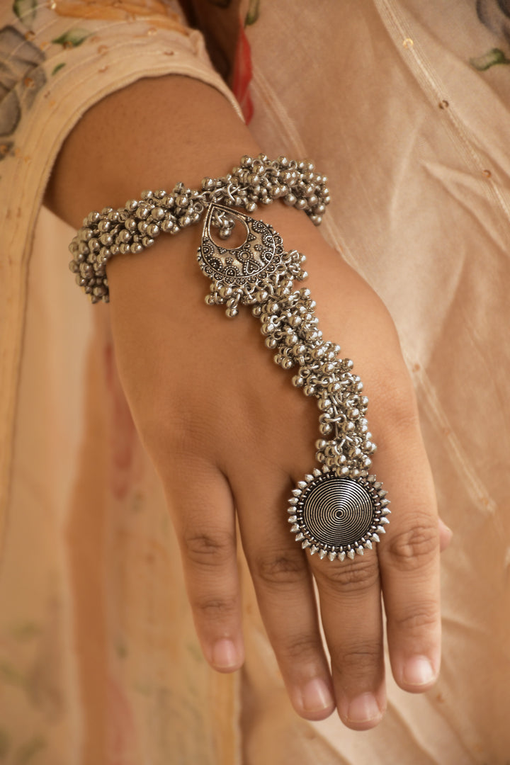 Sanika Oxidised Silver Ghungroo Finger Ring Bracelet Kada