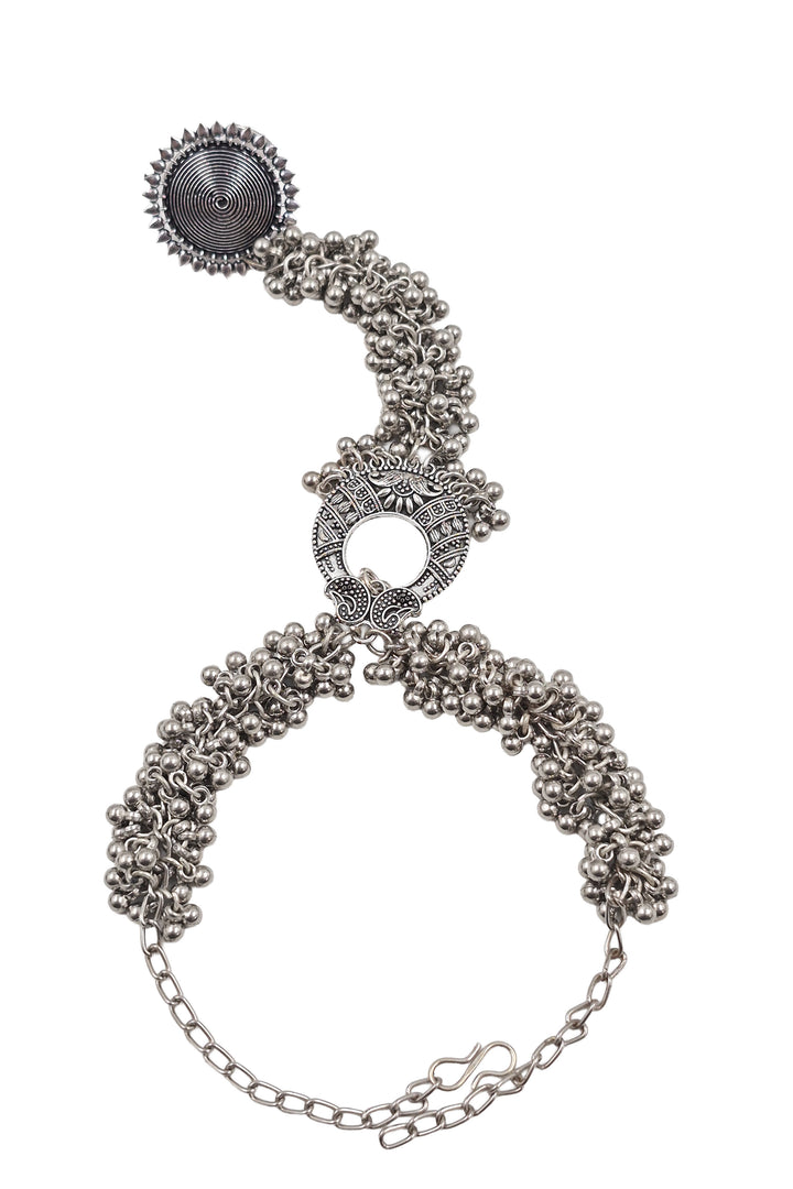 Radhika Oxidised Silver Ghungroo Finger Ring Bracelet Kada
