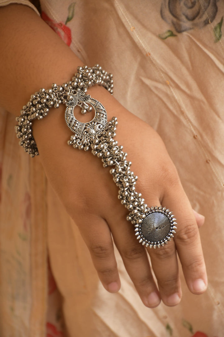 Radhika Oxidised Silver Ghungroo Finger Ring Bracelet Kada