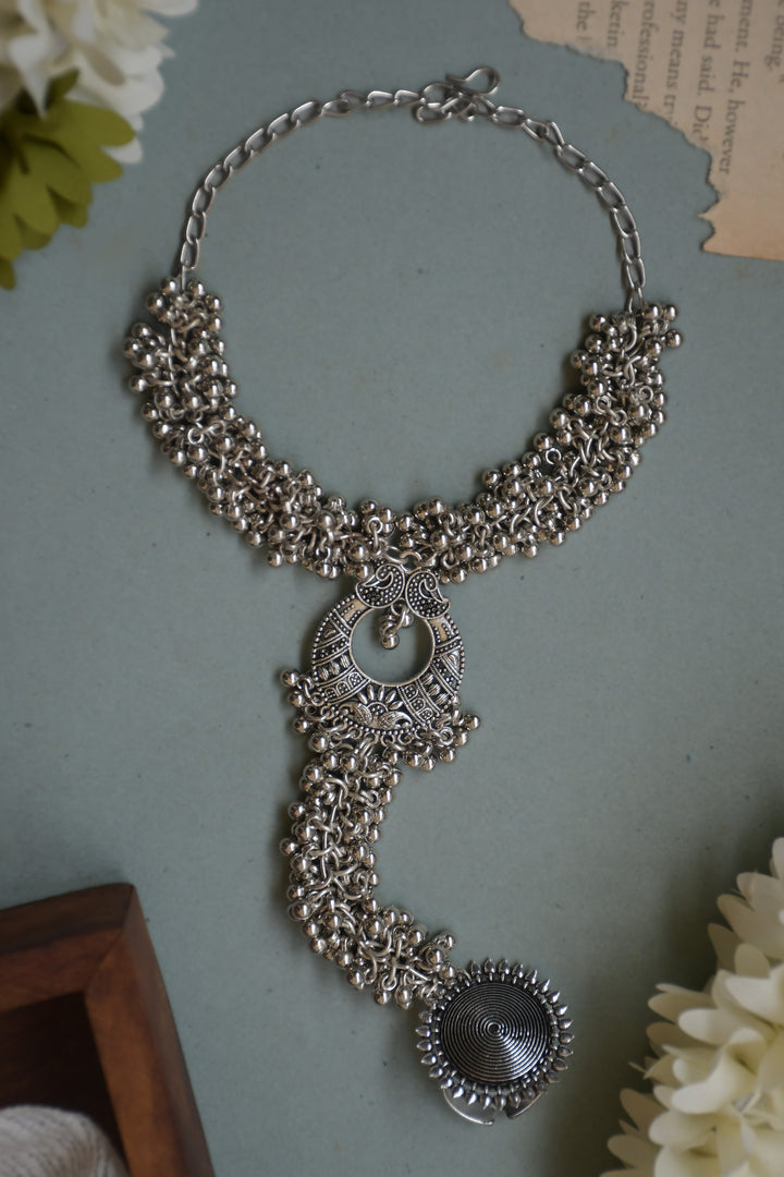 Radhika Oxidised Silver Ghungroo Finger Ring Bracelet Kada