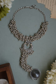 Radhika Oxidised Silver Ghungroo Finger Ring Bracelet Kada