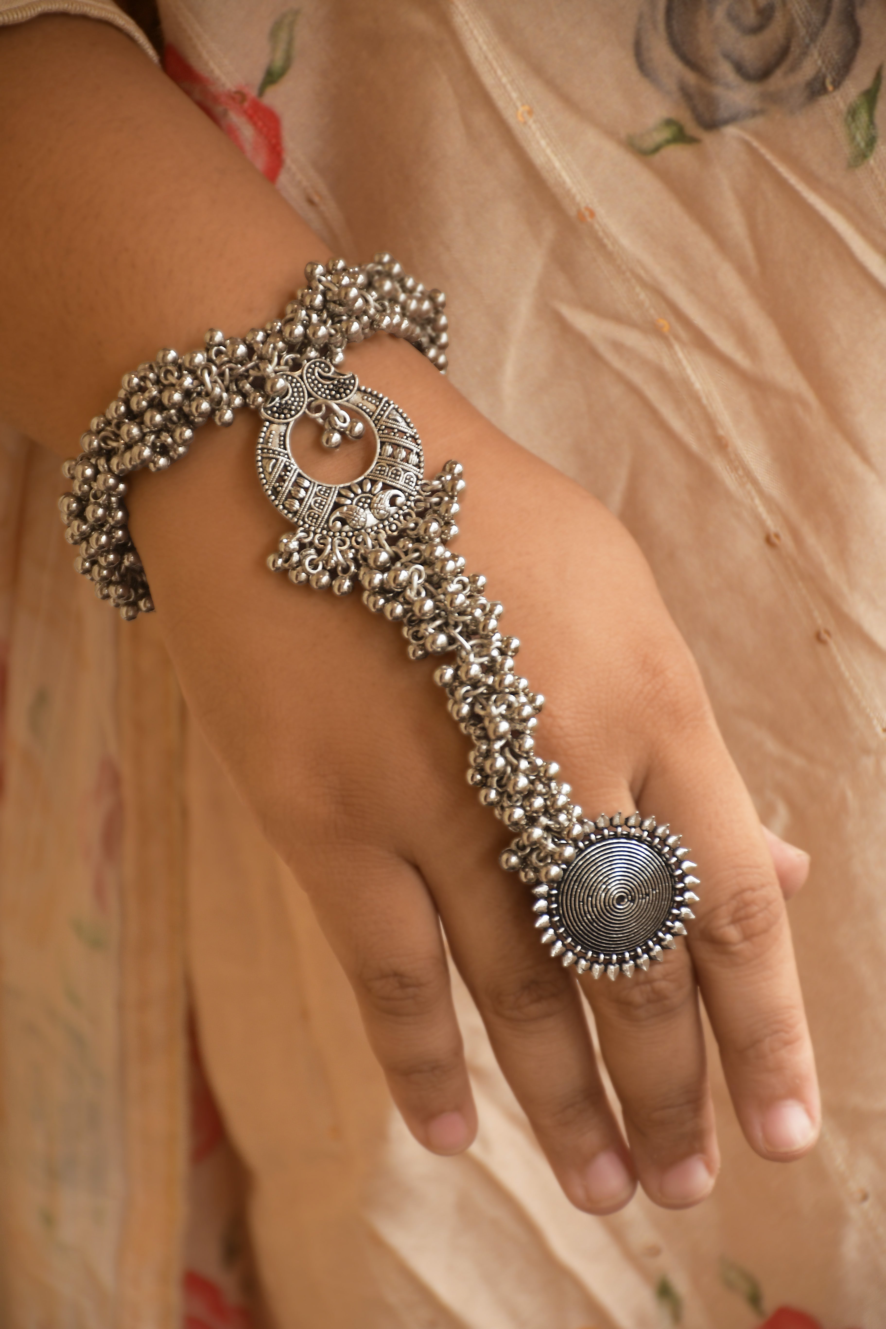 RADHIKA OXIDISED SILVER GHUNGROO FINGER RING BRACELET KADA