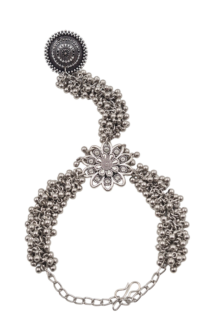 Radha Oxidised Silver Ghungroo Finger Ring Bracelet Kada