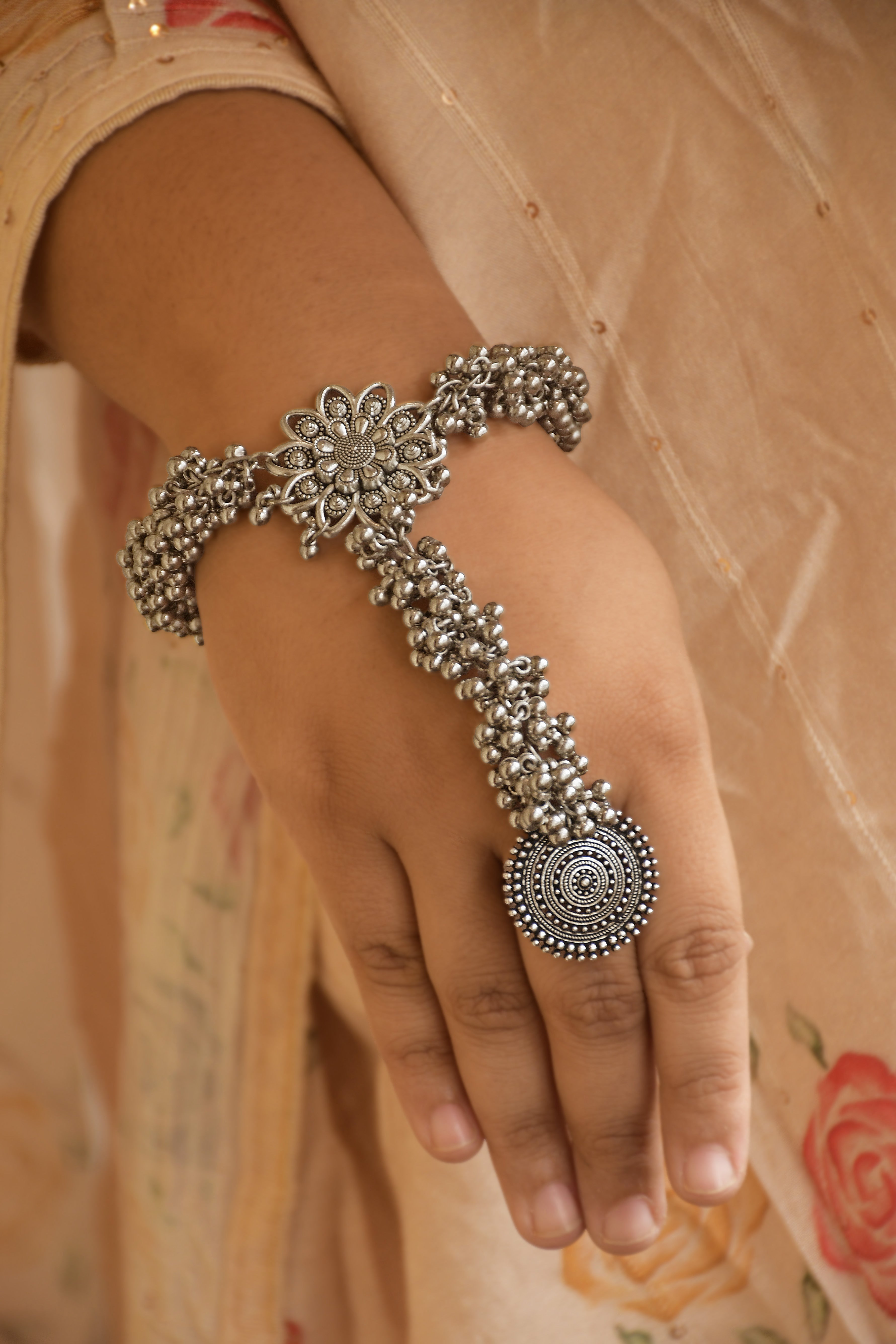 RADHA OXIDISED SILVER GHUNGROO FINGER RING BRACELET KADA