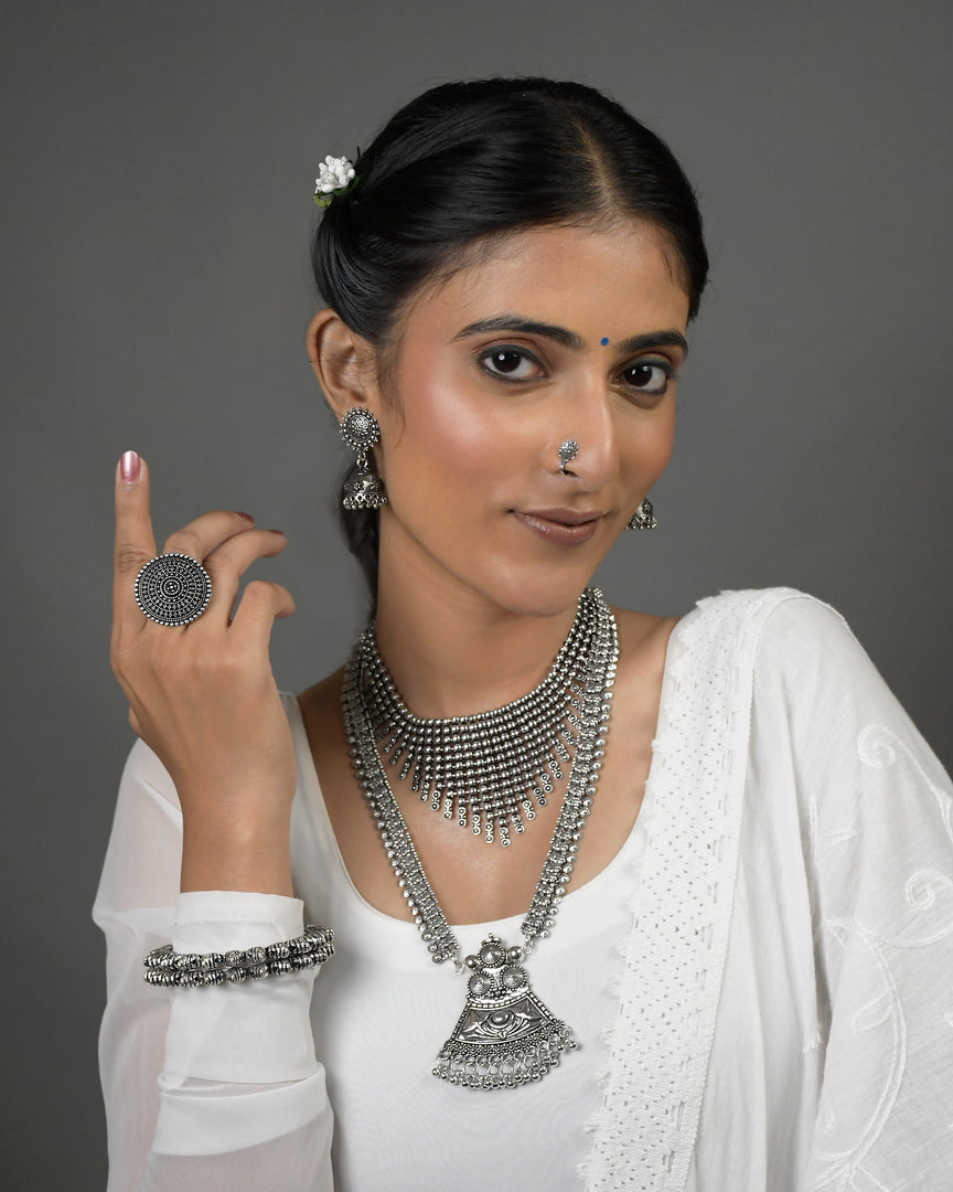 AADHYA OXIDISED DOUBLE NECKLACE JEWELLERY SET COMBO