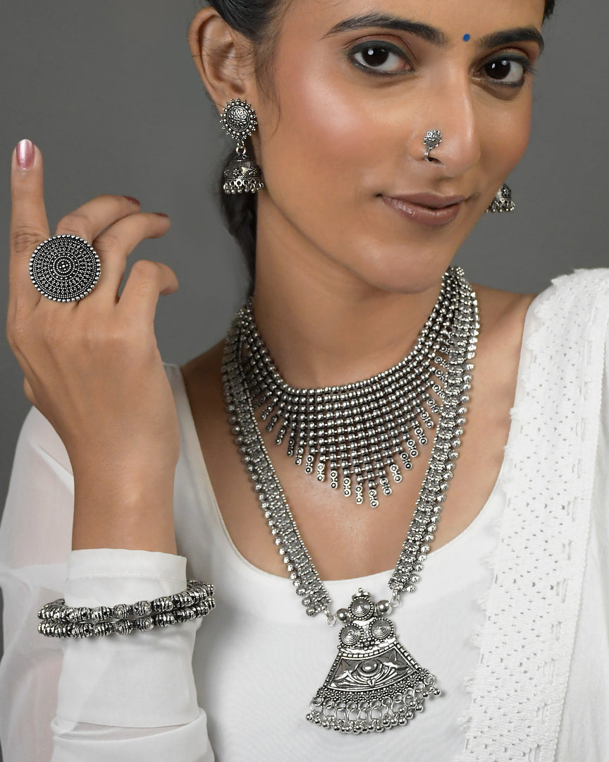 AADHYA OXIDISED DOUBLE NECKLACE JEWELLERY SET COMBO