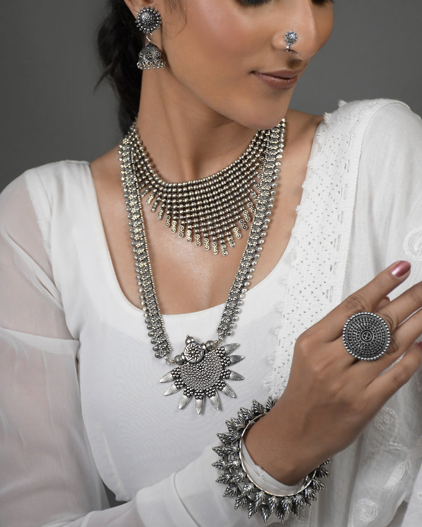 AADHYA OXIDISED DOUBLE NECKLACE JEWELLERY SET COMBO