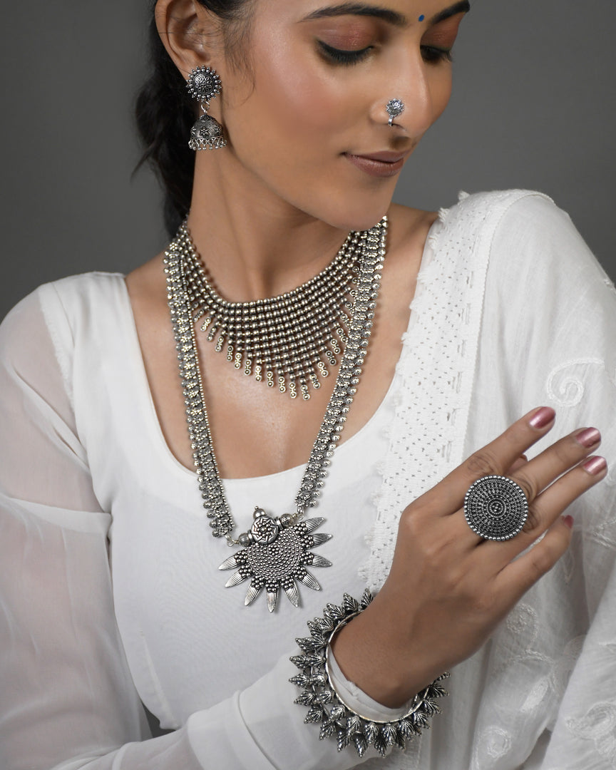 AADHYA OXIDISED DOUBLE NECKLACE JEWELLERY SET COMBO