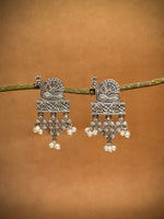 Load image into Gallery viewer, Peacock Pearl Drop Silver Lookalike Dangler Earrings